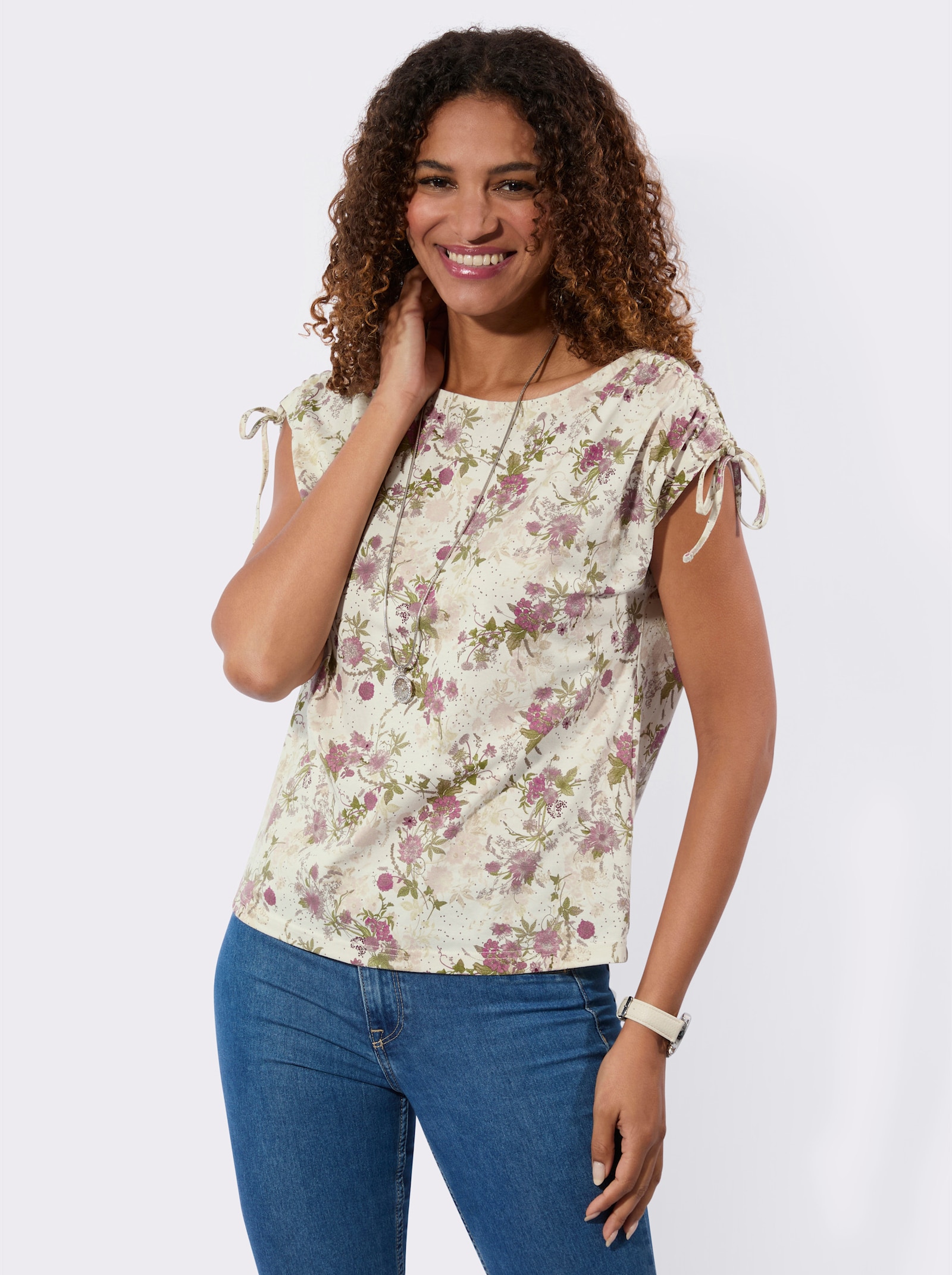 Kurzarmshirt mit Raffungen - champagner-hortensie-bedruckt