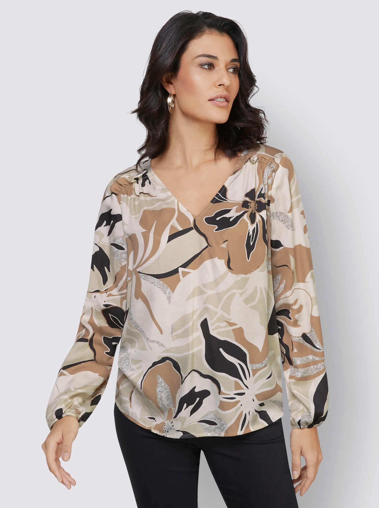 Satinbluse - champagner-sand-bedruckt
