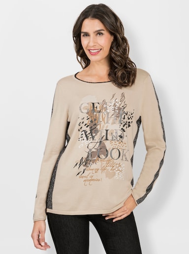 Strickpullover mit Glitzersteinchen - sand-schwarz-bedruckt