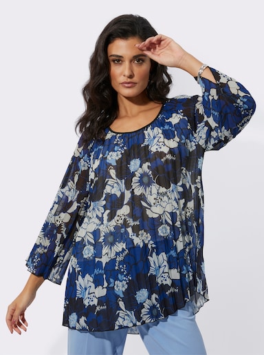 Tunika in edler Plissee-Qualität - royalblau-schwarz-bedruckt