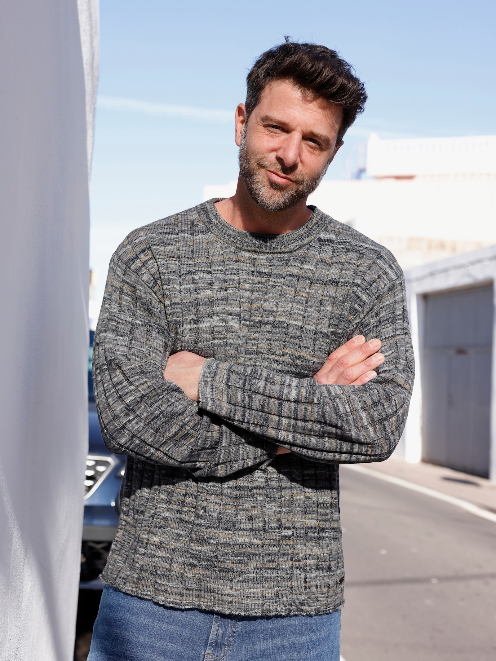 Marco Donati Rundhalspullover mit Woll-Anteil - steingrau-camel-meliert