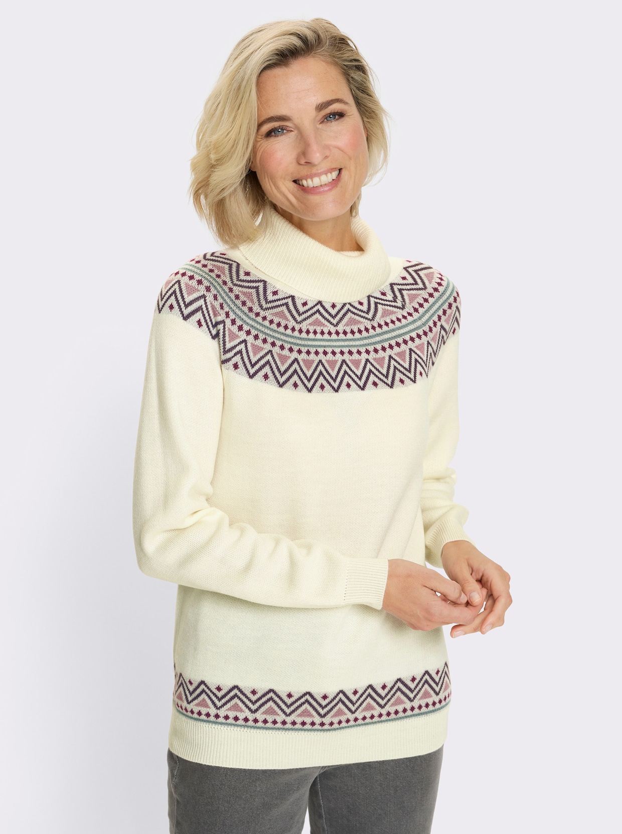 Pullover met rolkraag en Noors patroon - ecru/jade gedessineerd