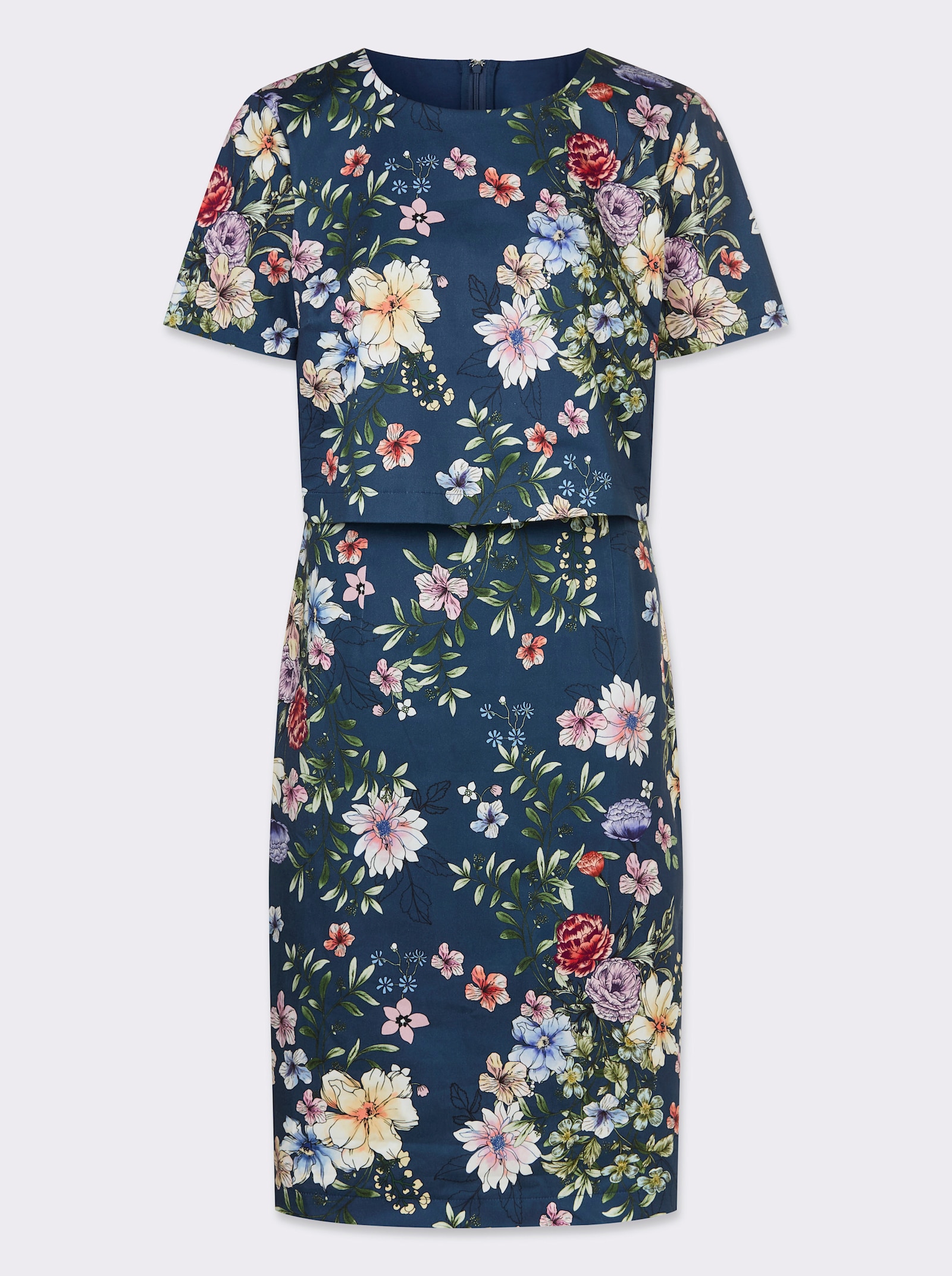 Druckkleid in Web-Qualität - dunkelblau-orchidee-bedruckt