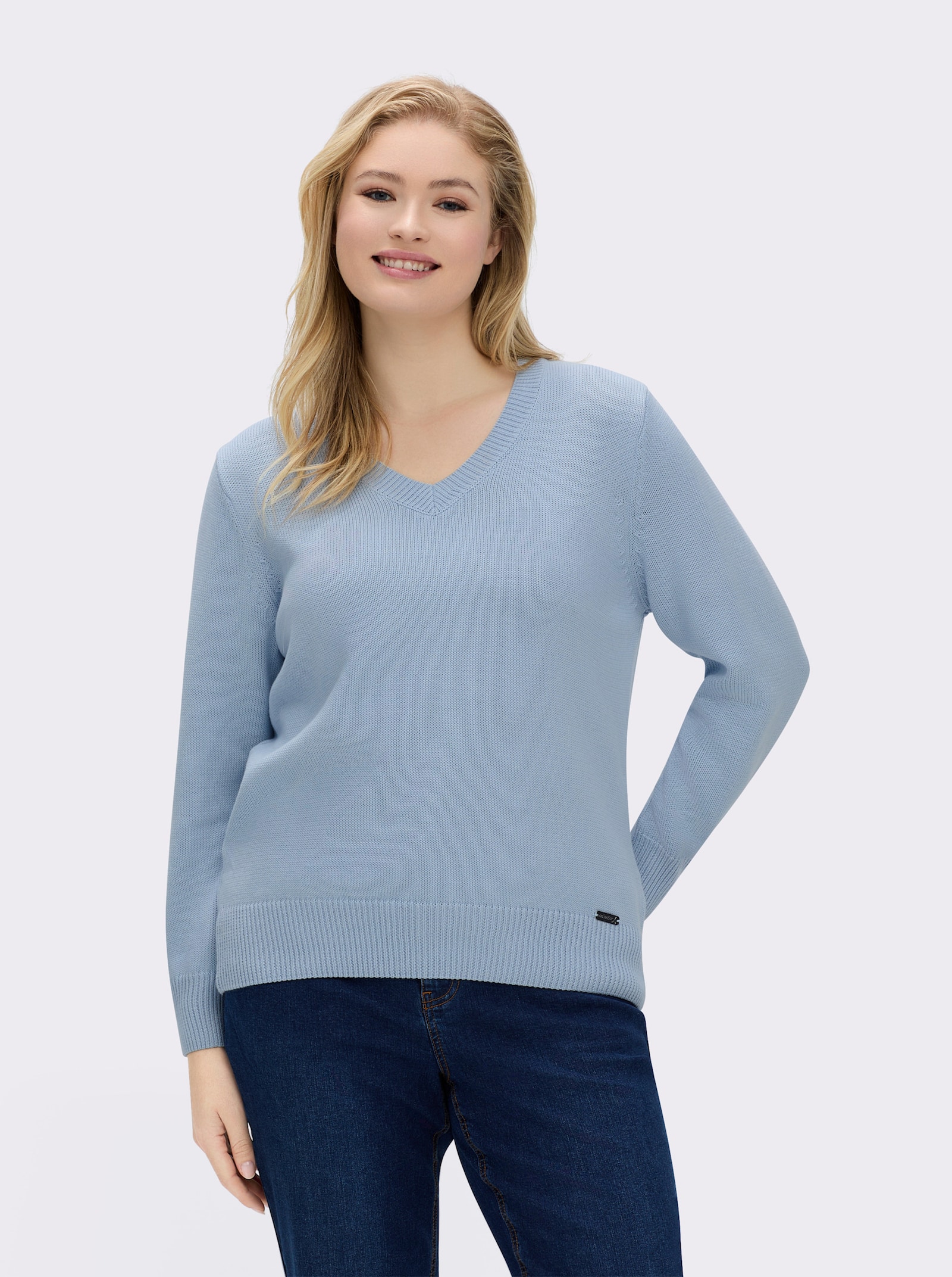 V-Ausschnitt-Pullover mit Baumwolle - eisblau