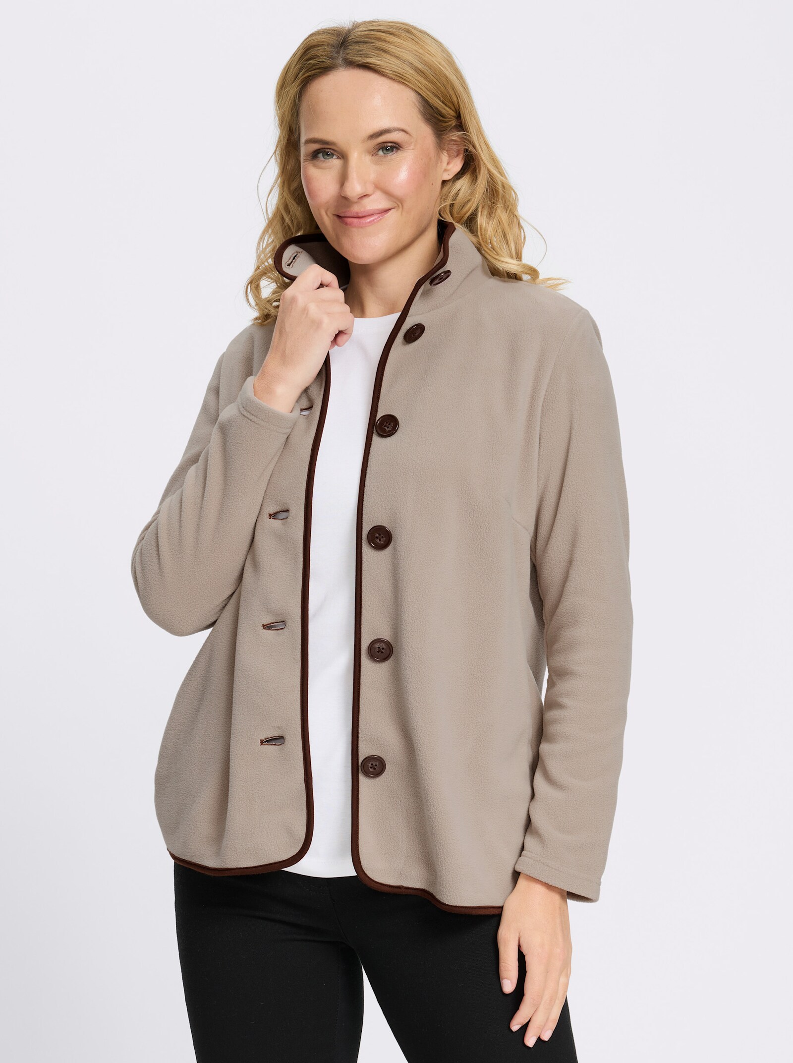 Fleecejacke mit Kontrast-Paspeln - sesam