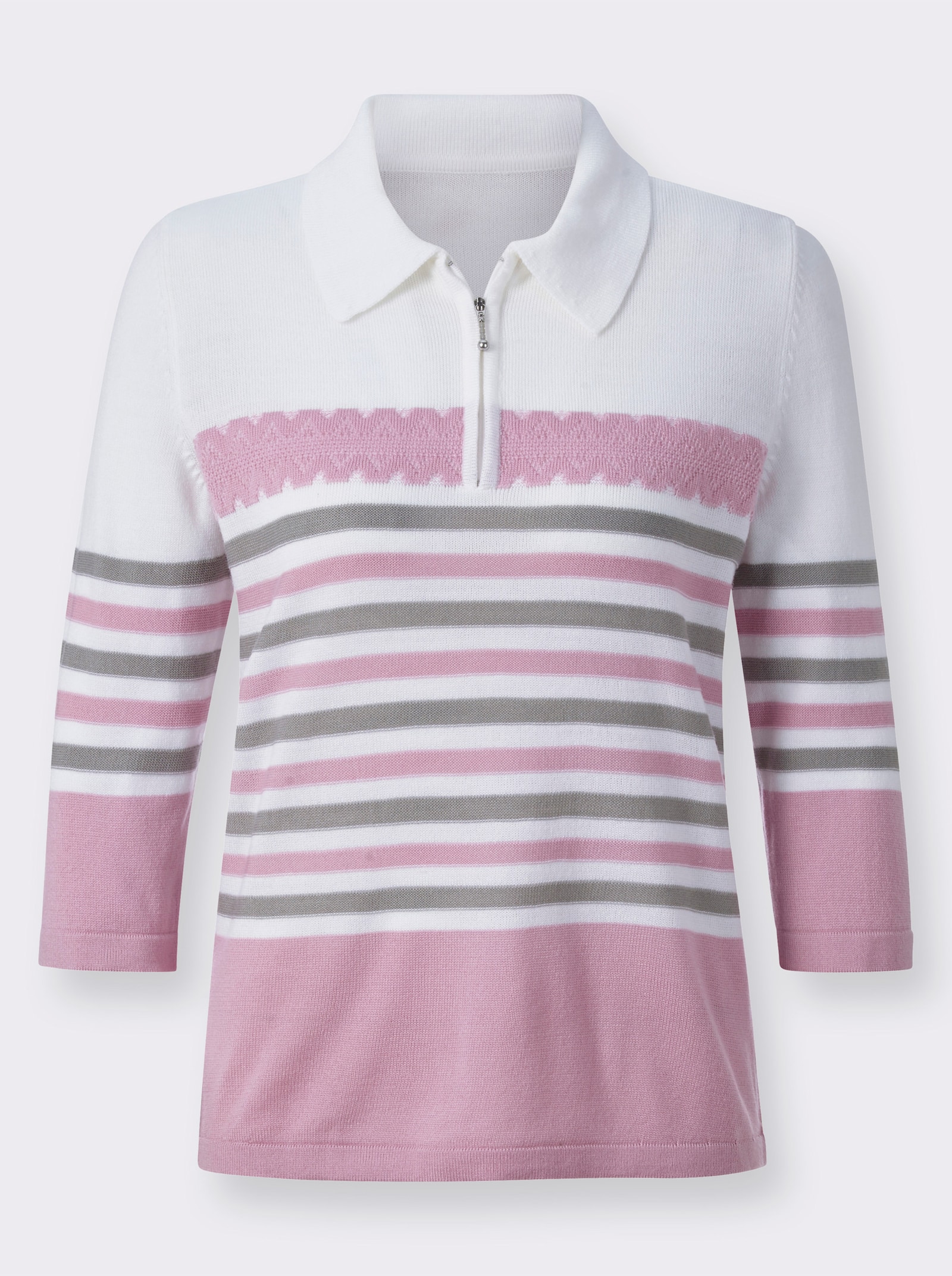 Polopullover mit Ringelmuster - rosé-steingrau-geringelt