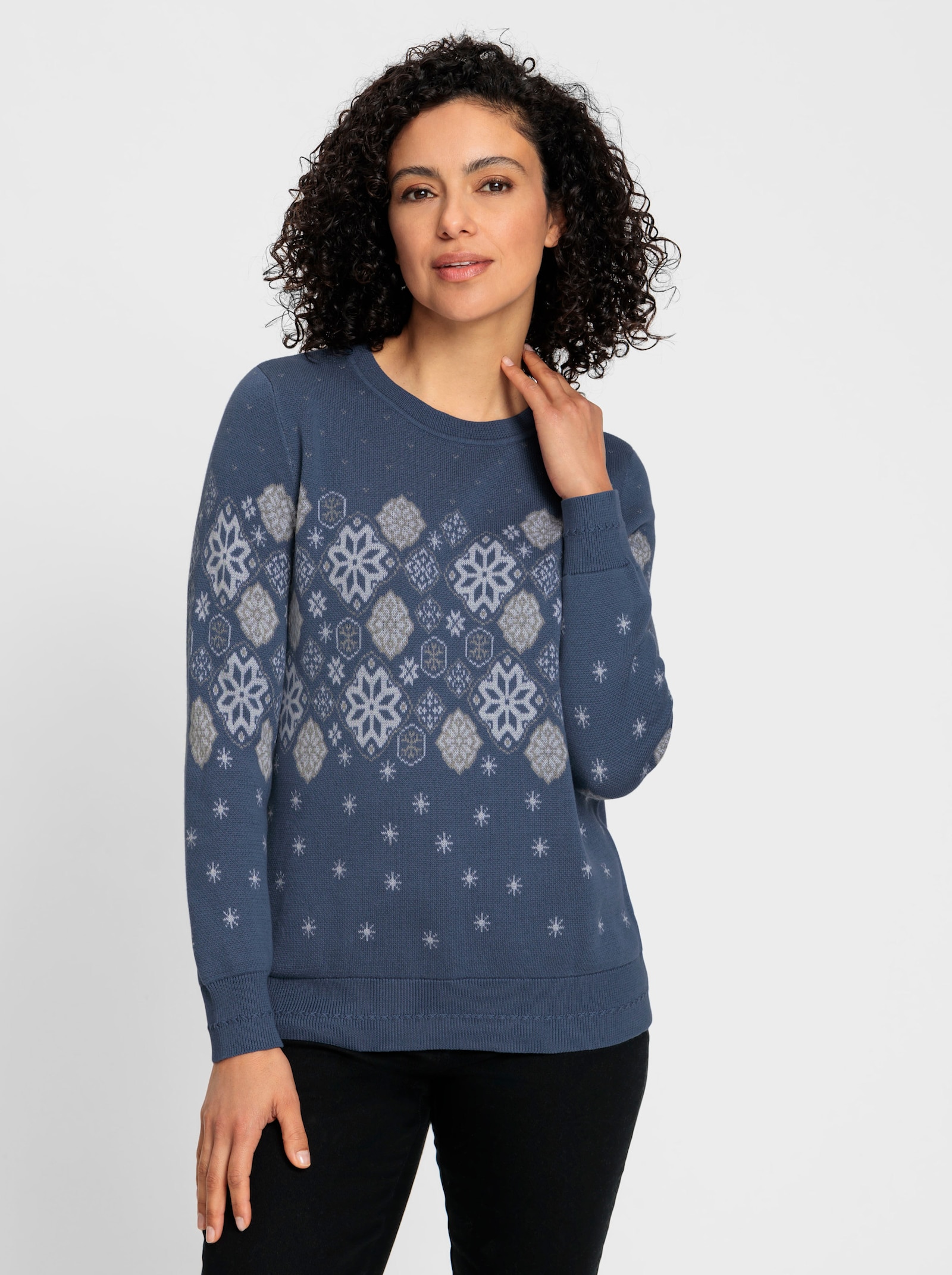 Jacquard-Pullover mit Schneeflocken-Muster - rauchblau-gemustert
