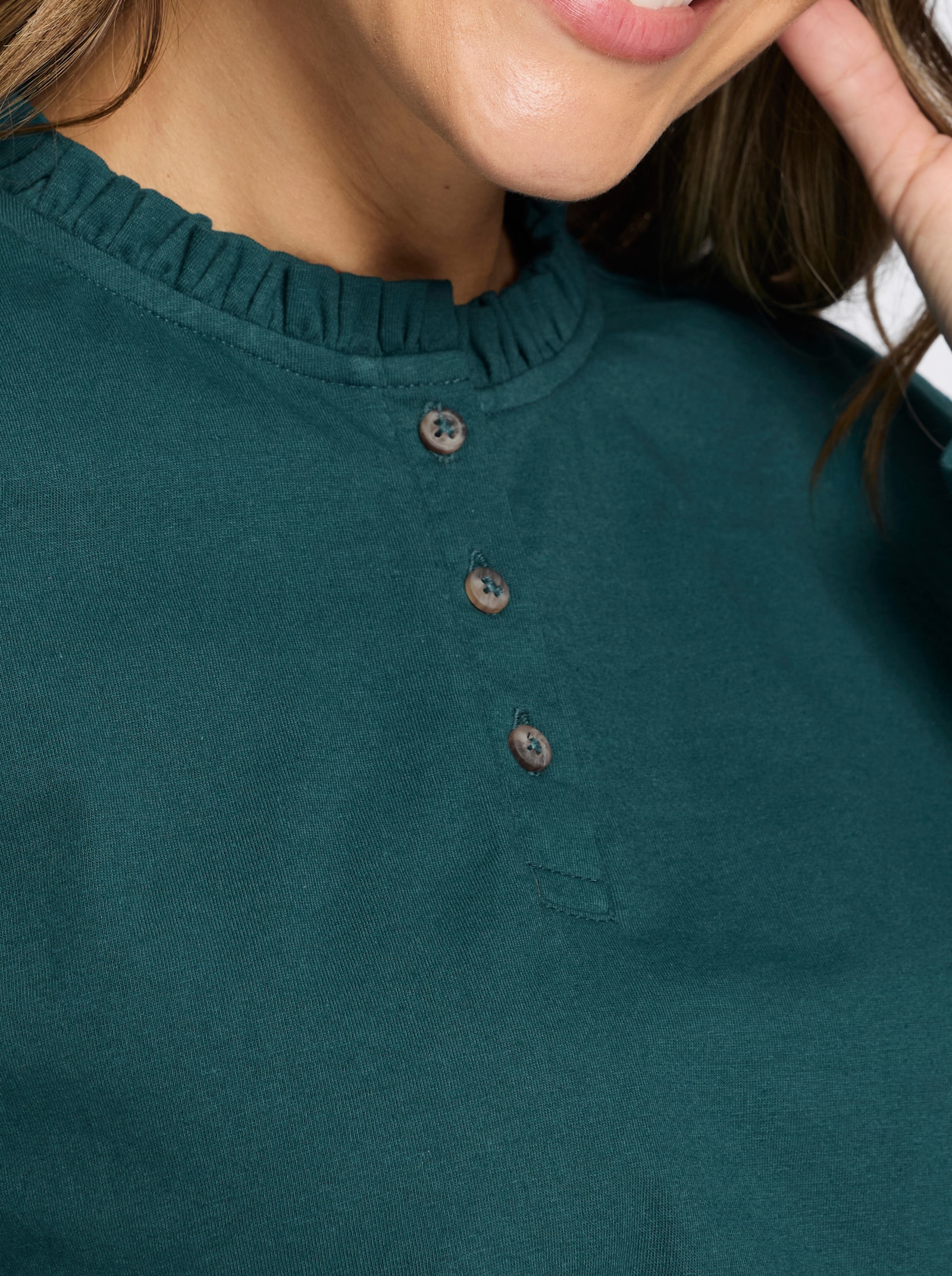 Langarmshirt mit gerüschtem Stehkragen - petrol