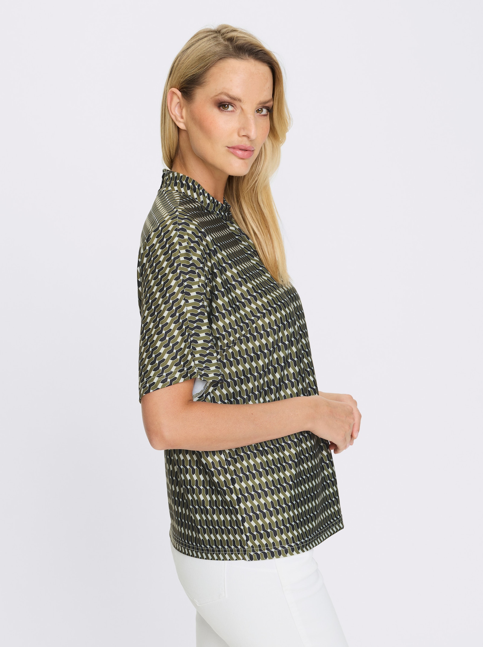 heine Blusenshirt Ausschnitt mit Kräuselung - oliv-schwarz-bedruckt