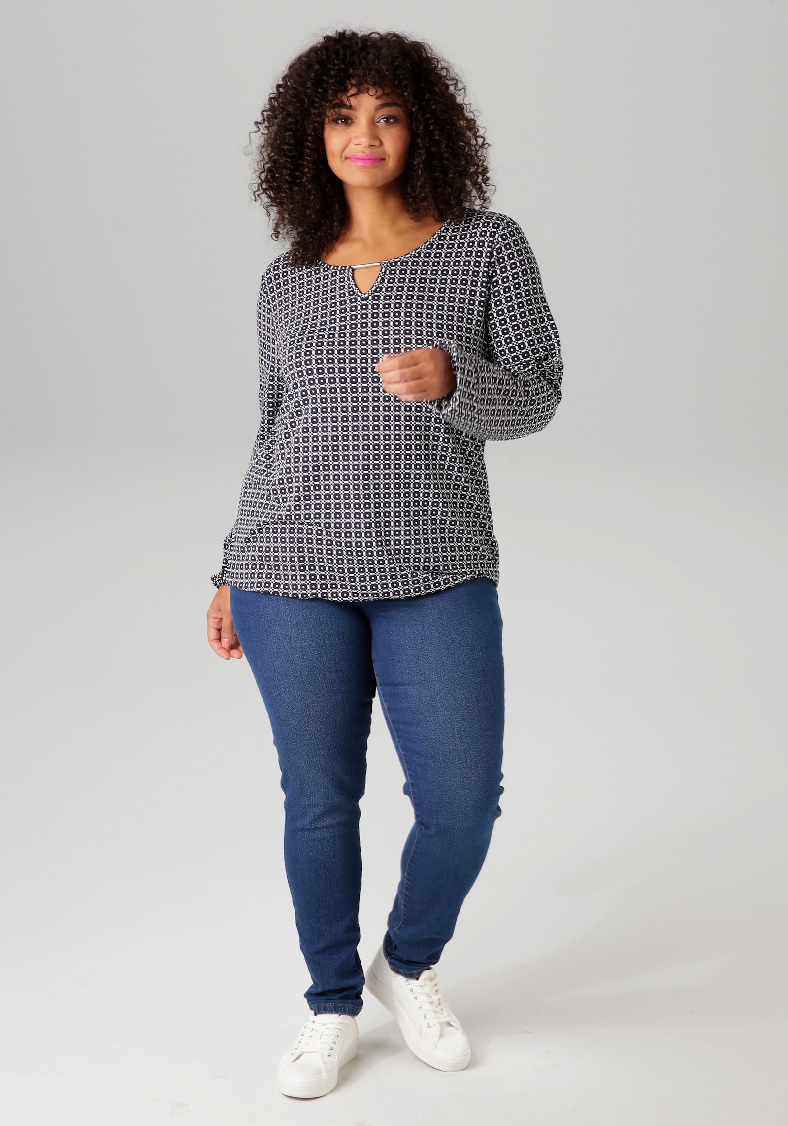 Aniston PLUS Langarmshirt - schwarz-weiß