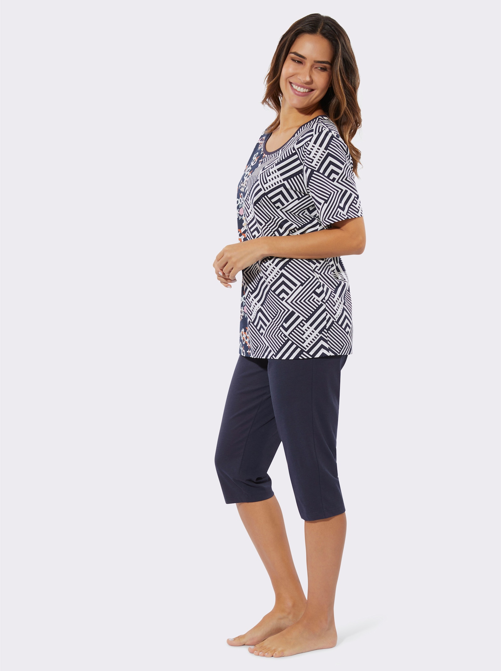 Capri-pyjama met elastische band rondom - marine geprint