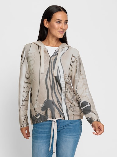 heine Kapuzenstrickjacke mit Glitzersteinchen-Verzierung - sand-anthrazit-bedruckt