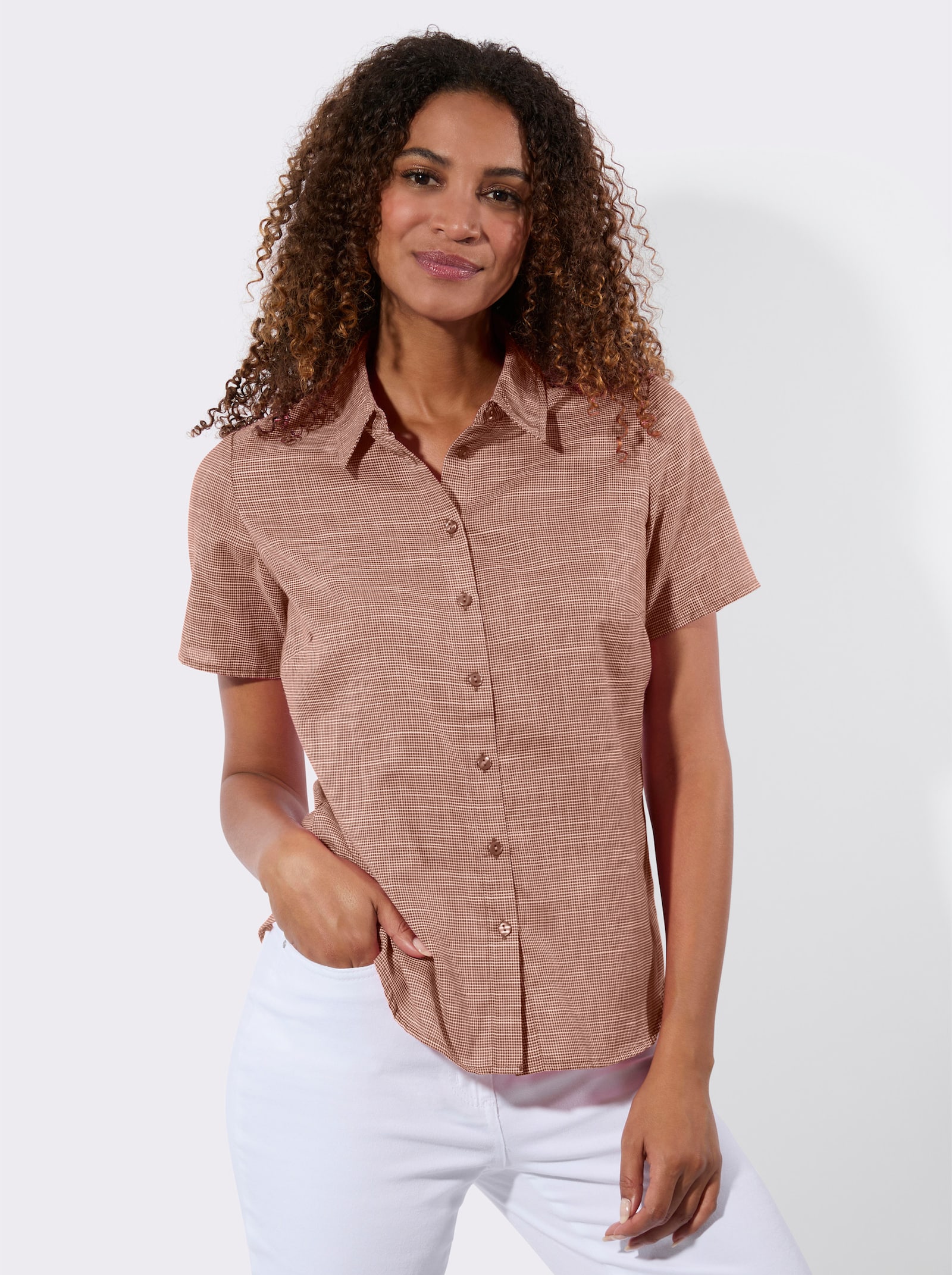 Kurzarm-Bluse mit abgerundetem Saum - cognac-weiß-gemustert