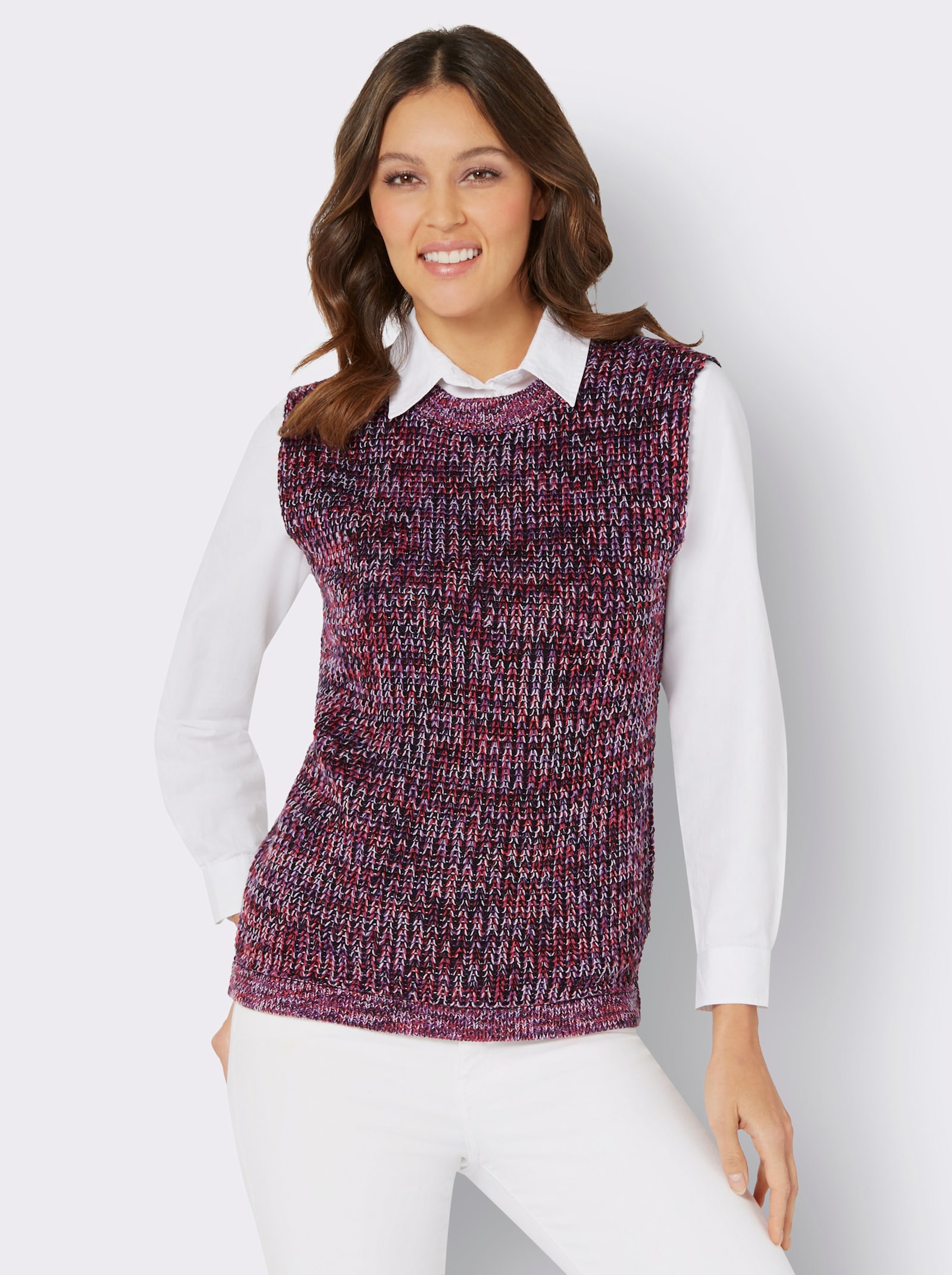 Pullunder mit Strickmuster, Melange-Garn - lila-erdbeere-meliert