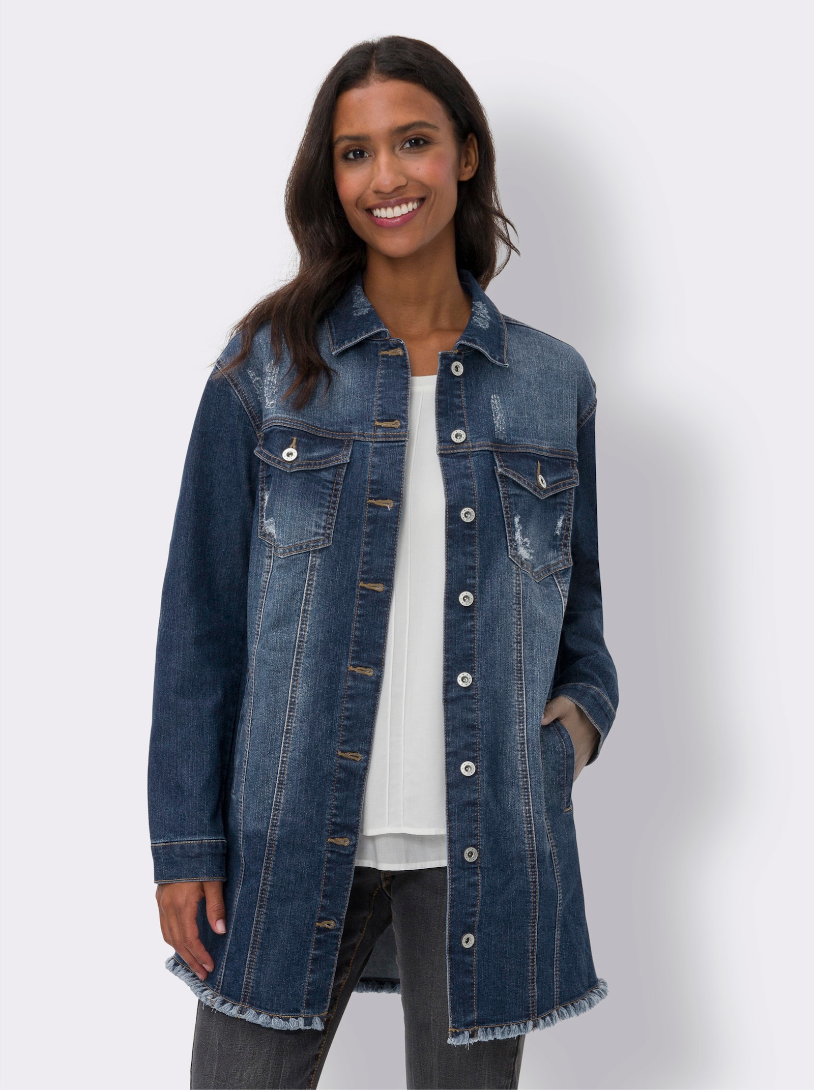 heine Jeansjacke mit Fransen-Kante, Longform - blue-stone-washed