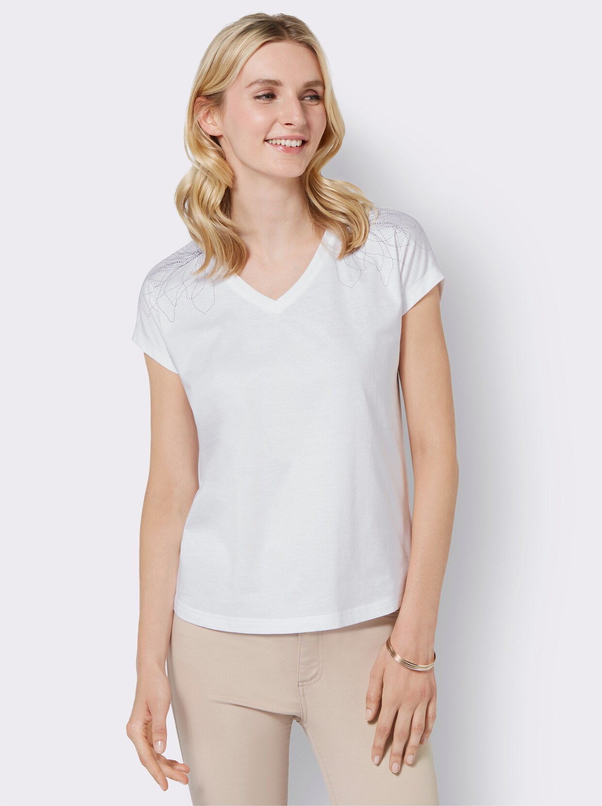 V-Shirt - weiß-graphit-bedruckt
