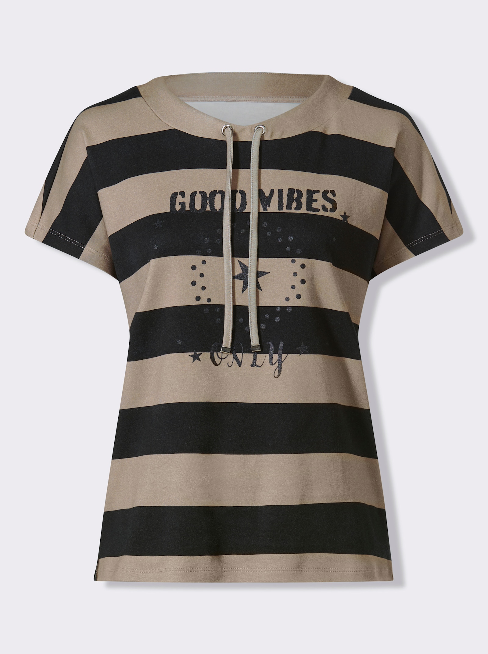 heine T-Shirt mit Glitzerdruck - schwarz-sesam-geringelt