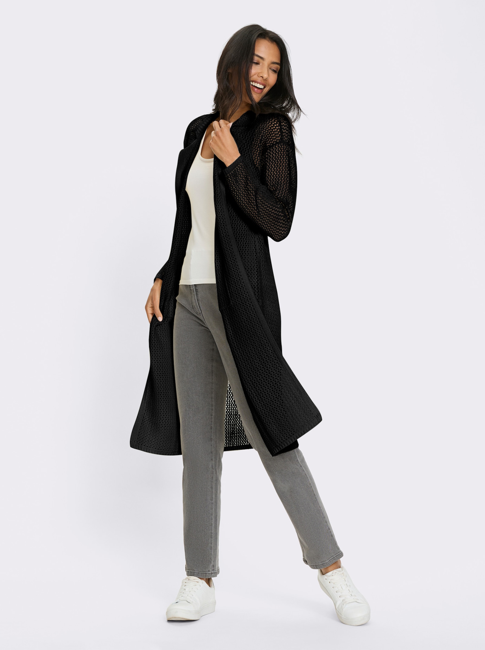 Lång kofta med hålmönster - svart