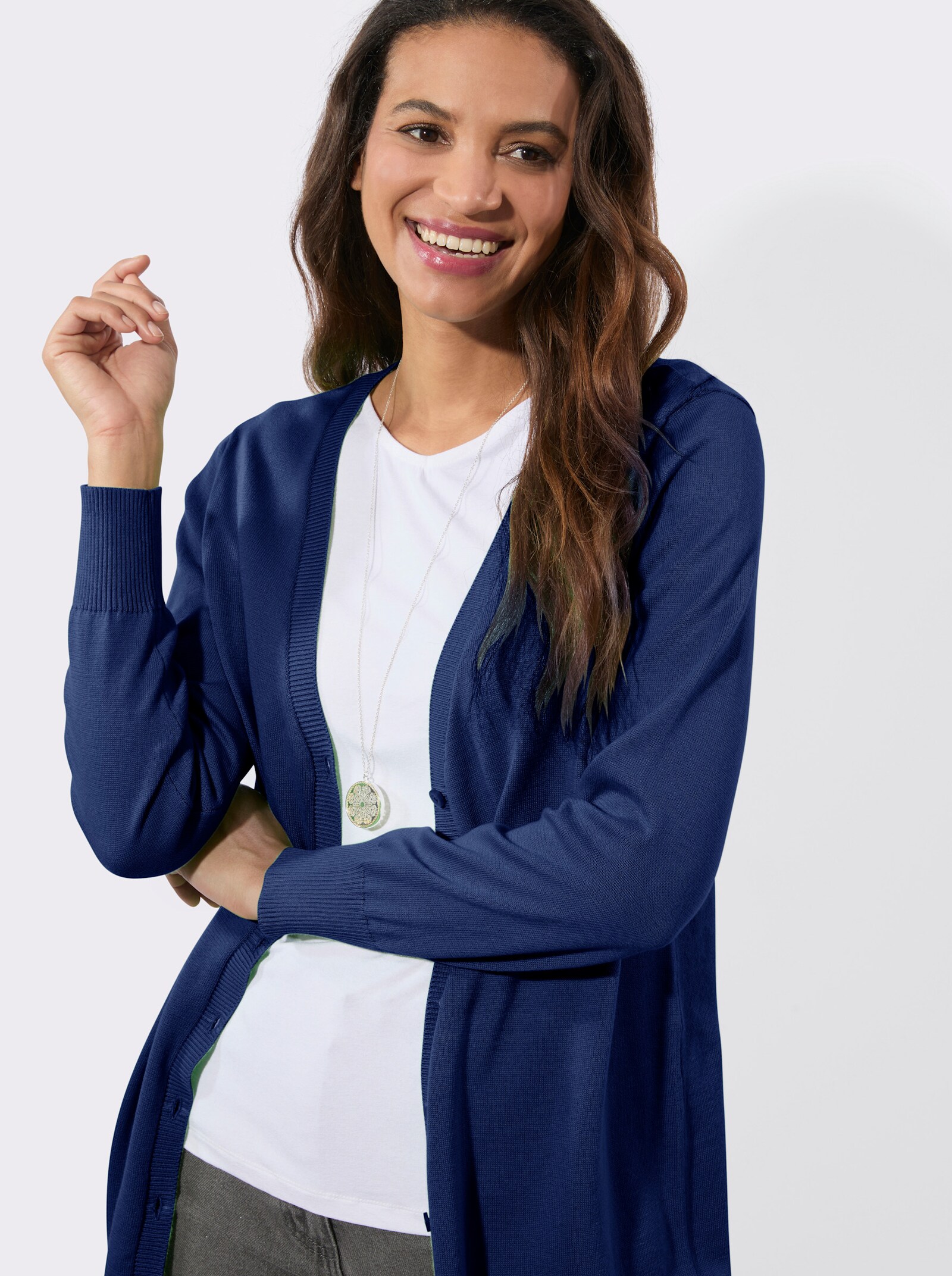 Longstrickjacke mit gerippten Bündchen - royalblau