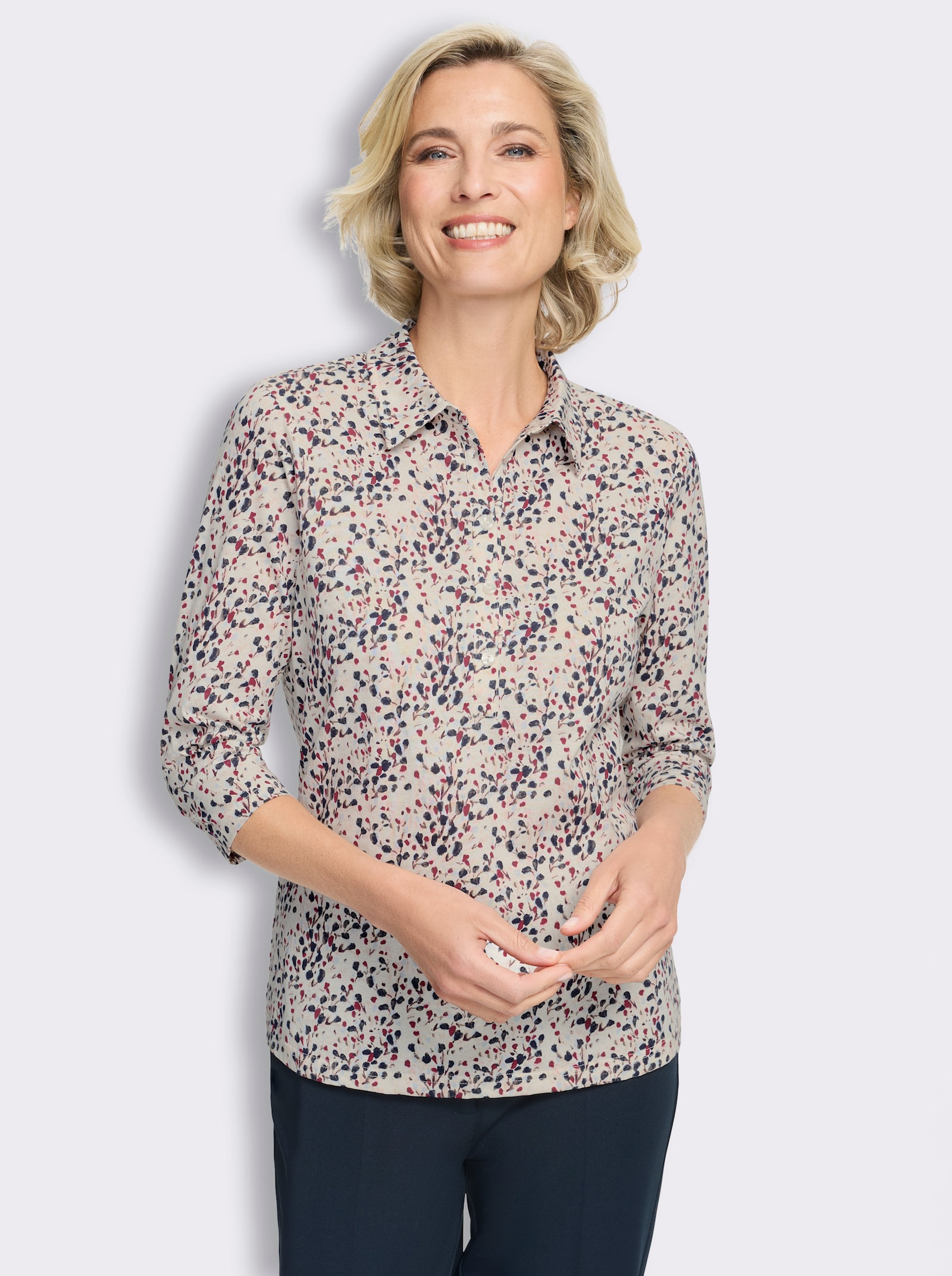 Poloshirt met minimalistische print - champagne/donkerblauw bedrukt