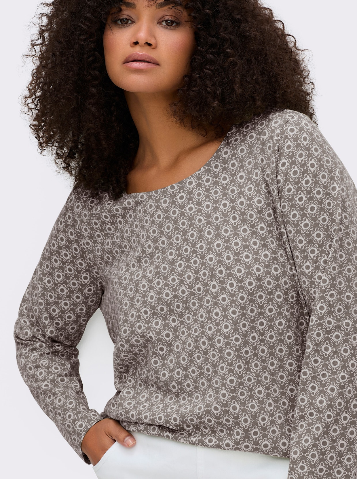 Langarmshirt im Minimal-Dessin - taupe-ecru-bedruckt