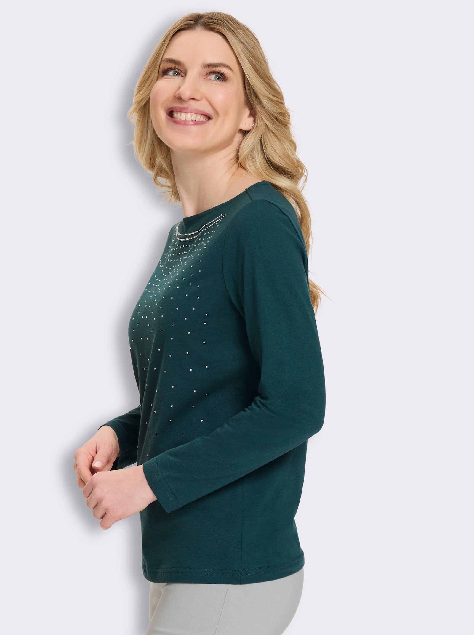 Langarmshirt mit Glitzersteinchen - petrol