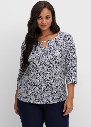 Print-Shirt mit Ausschnitt mit Schlitz - marine-bedruckt