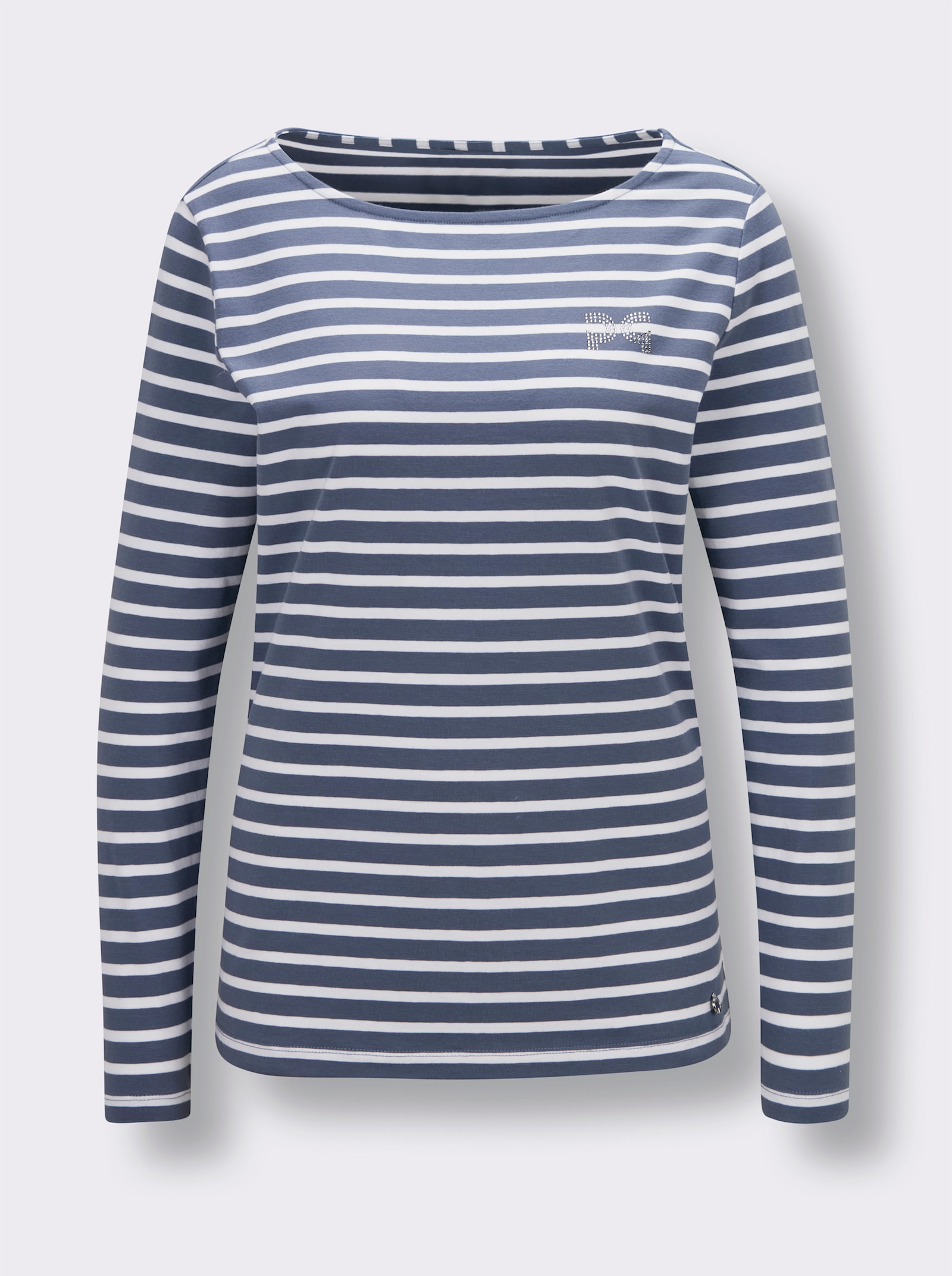 CREATION L PREMIUM Ringelshirt mit Strass-Steinchen - rauchblau-weiß-geringelt
