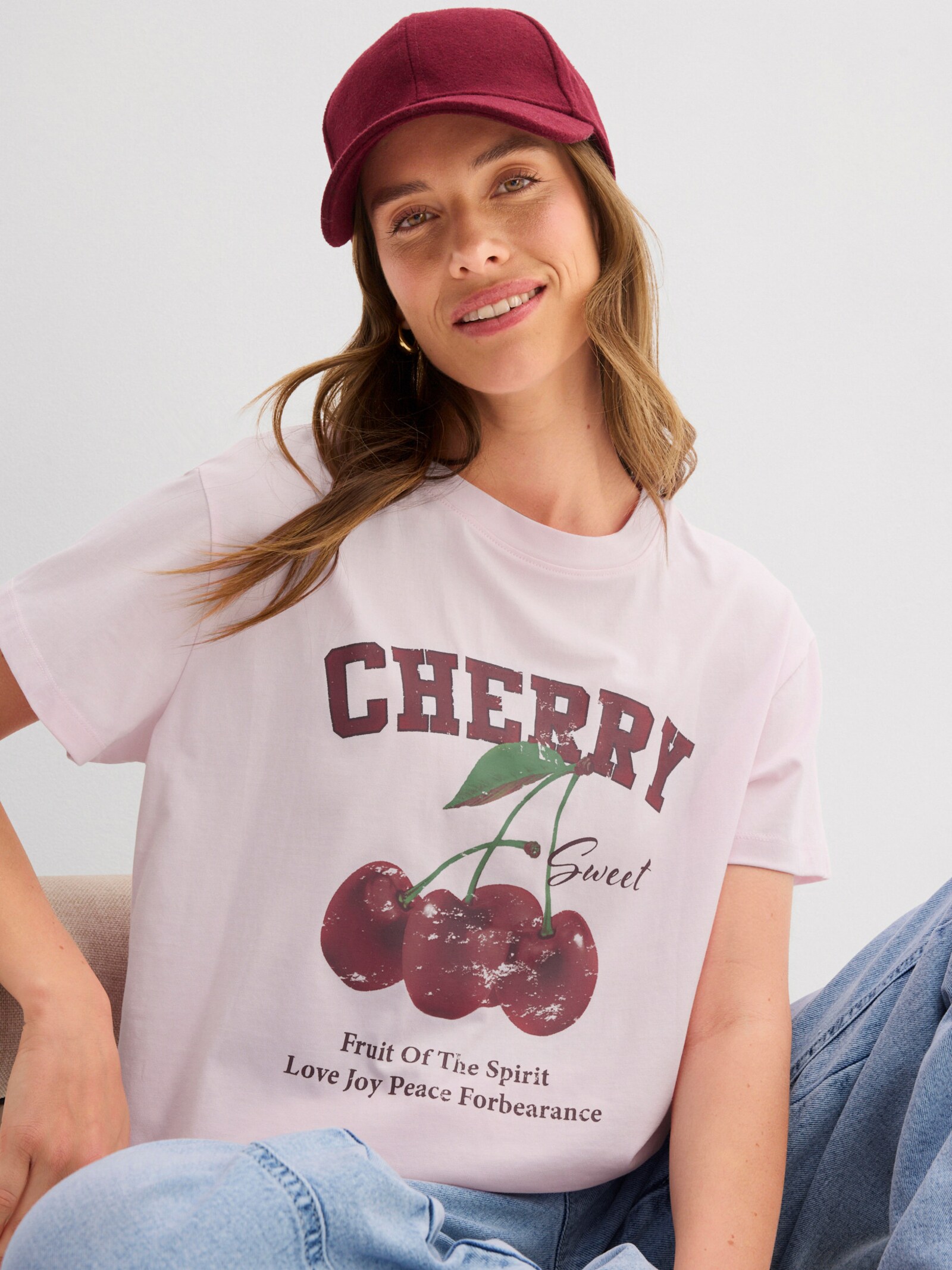 Kurzarmshirt mit Kirschen-Motiv - hellrosé-kirsche-bedruckt