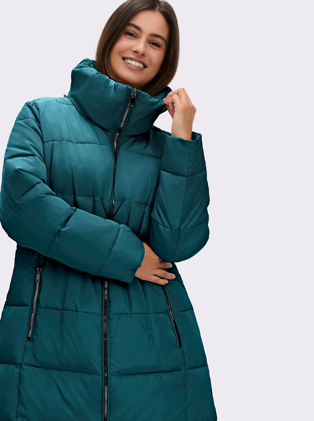 Steppmantel mit Raffung am Stehkragen - petrol