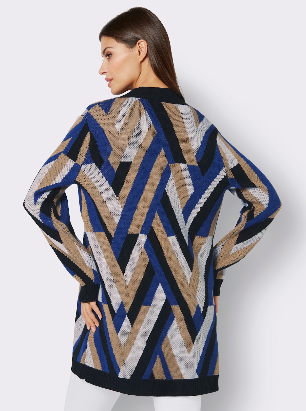 Longstrickjacke - royalblau-schwarz-gemustert