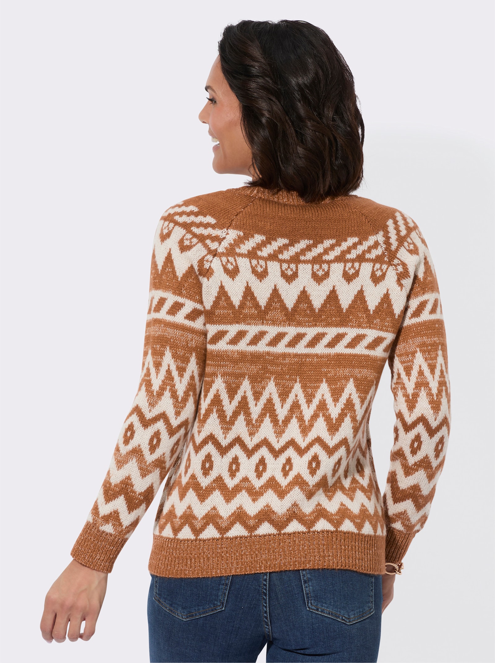 Norwegerpullover mit Rundhals-Ausschnitt - elfenbein-cognac-gemustert