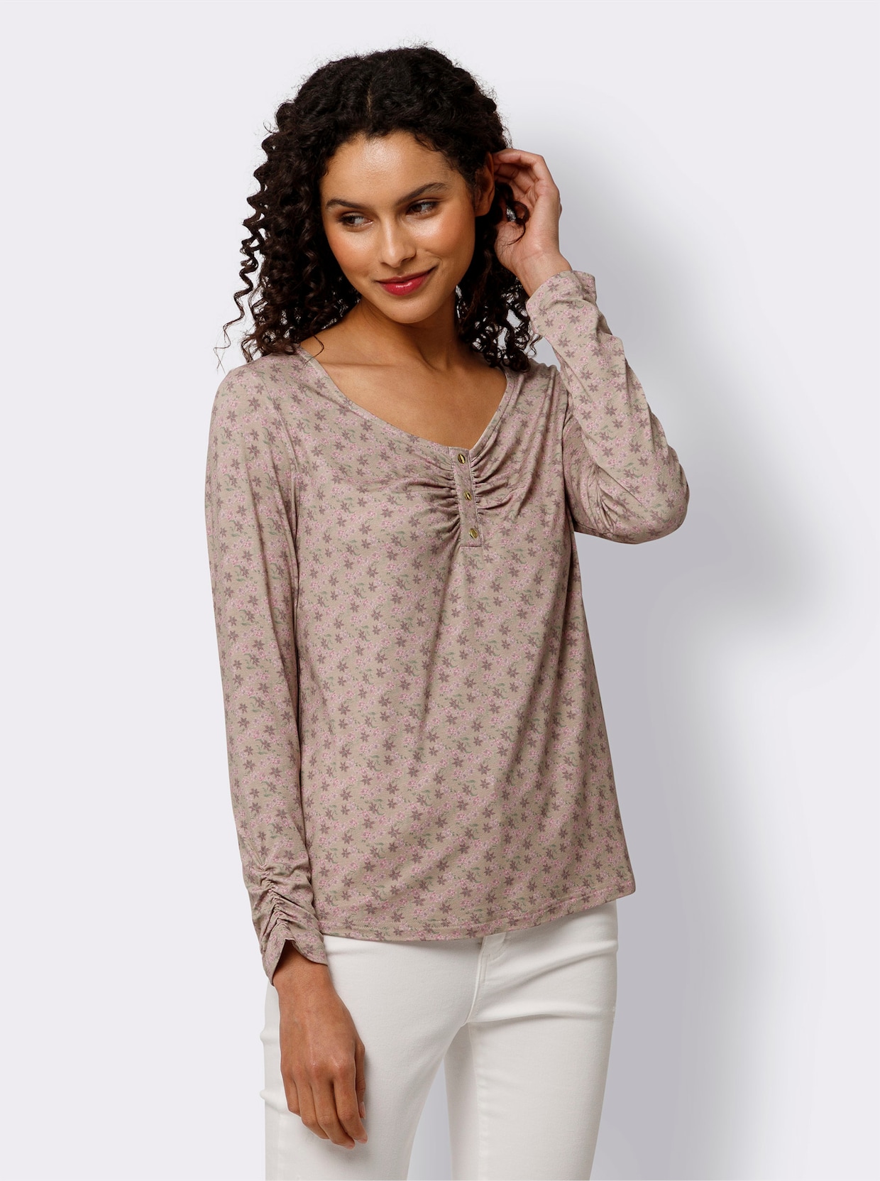 heine Shirt met lange mouwen - sesam/oudroze bedrukt