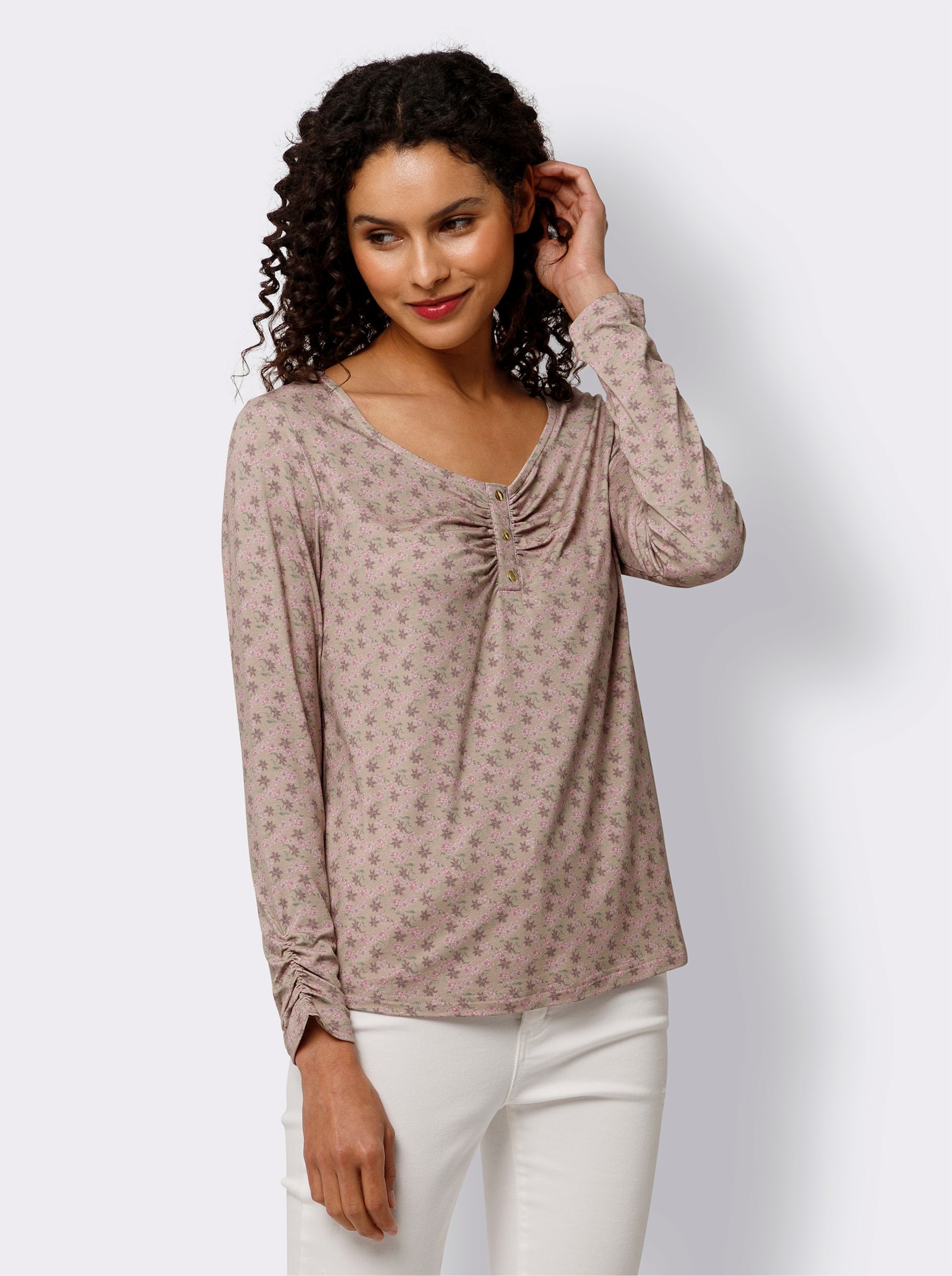 heine Langarmshirt mit Raffung am Ärmel - sesam-altrosa-bedruckt