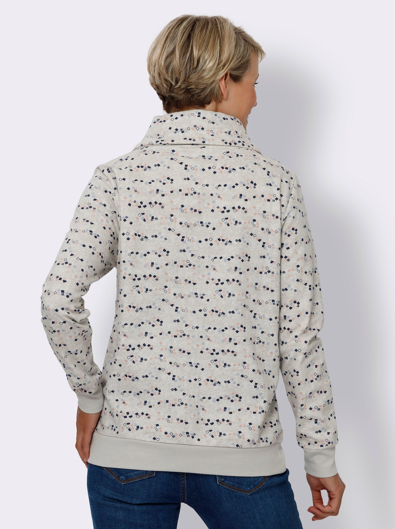 Sweatshirt mit überlappendem Rollkragen - hellgrau-marine-bedruckt