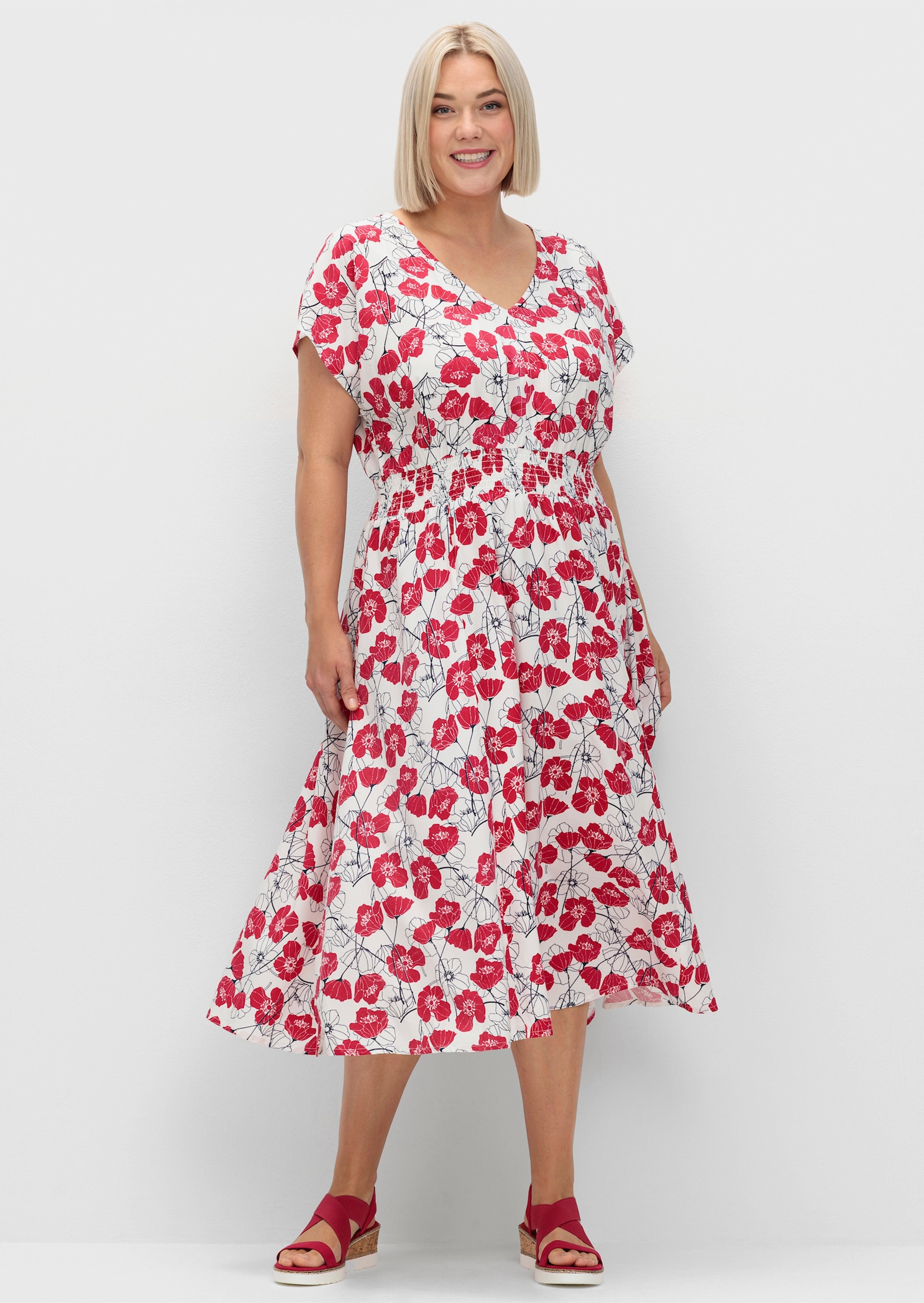 sheego Druckkleid mit Smokbund - ecru-gemustert