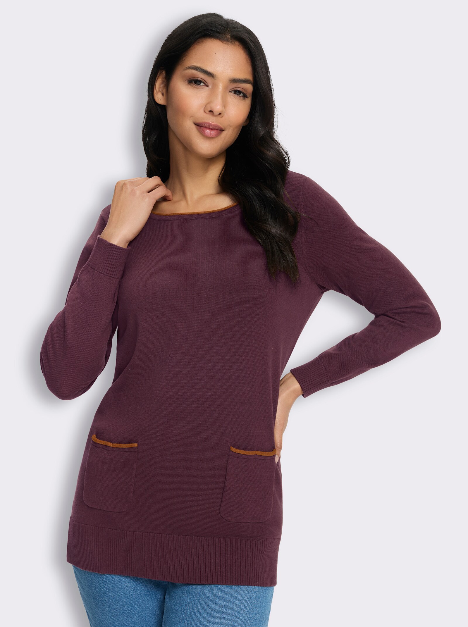  Longpullover mit Kontrast-Rollsaum - burgund