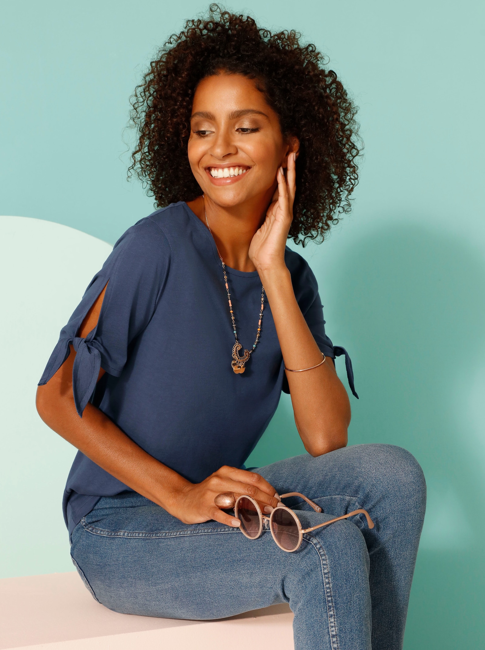 Tričko s páskem na zavázání na krátkých rukávech - námořnická modrá