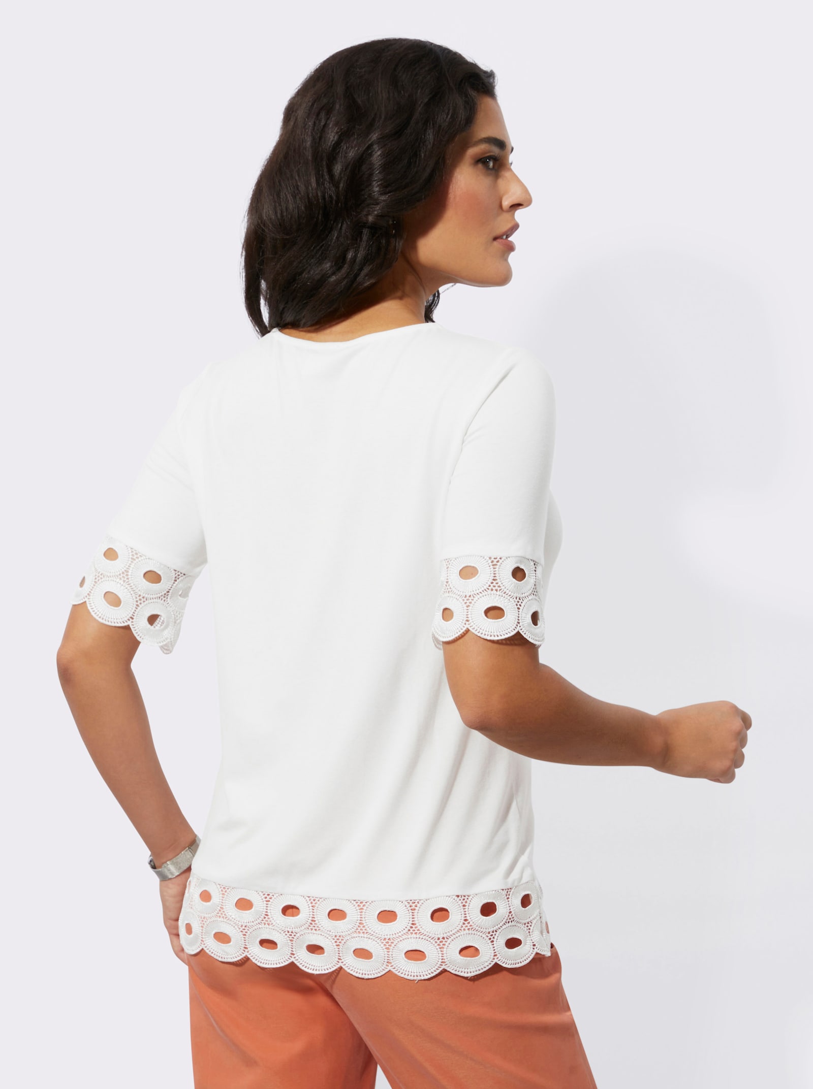 Rundhalsshirt mit Spitzenabschluss - ecru