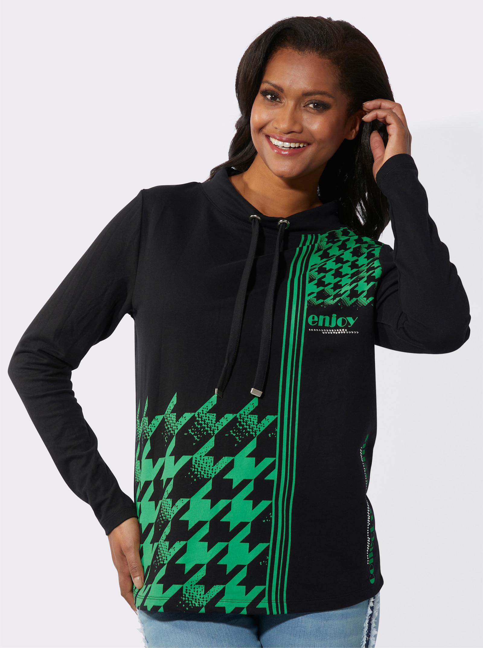 Sweatshirt mit halsfernem Stehkragen - grasgrün-schwarz-bedruckt