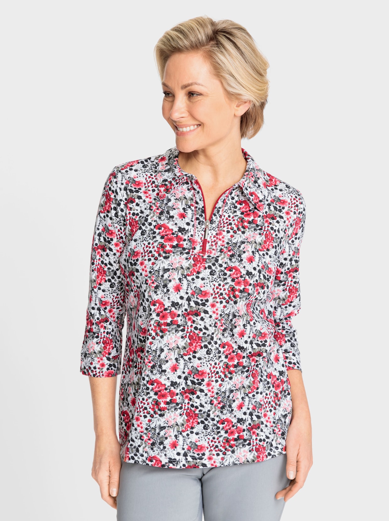 Poloshirt - rot-ecru-bedruckt
