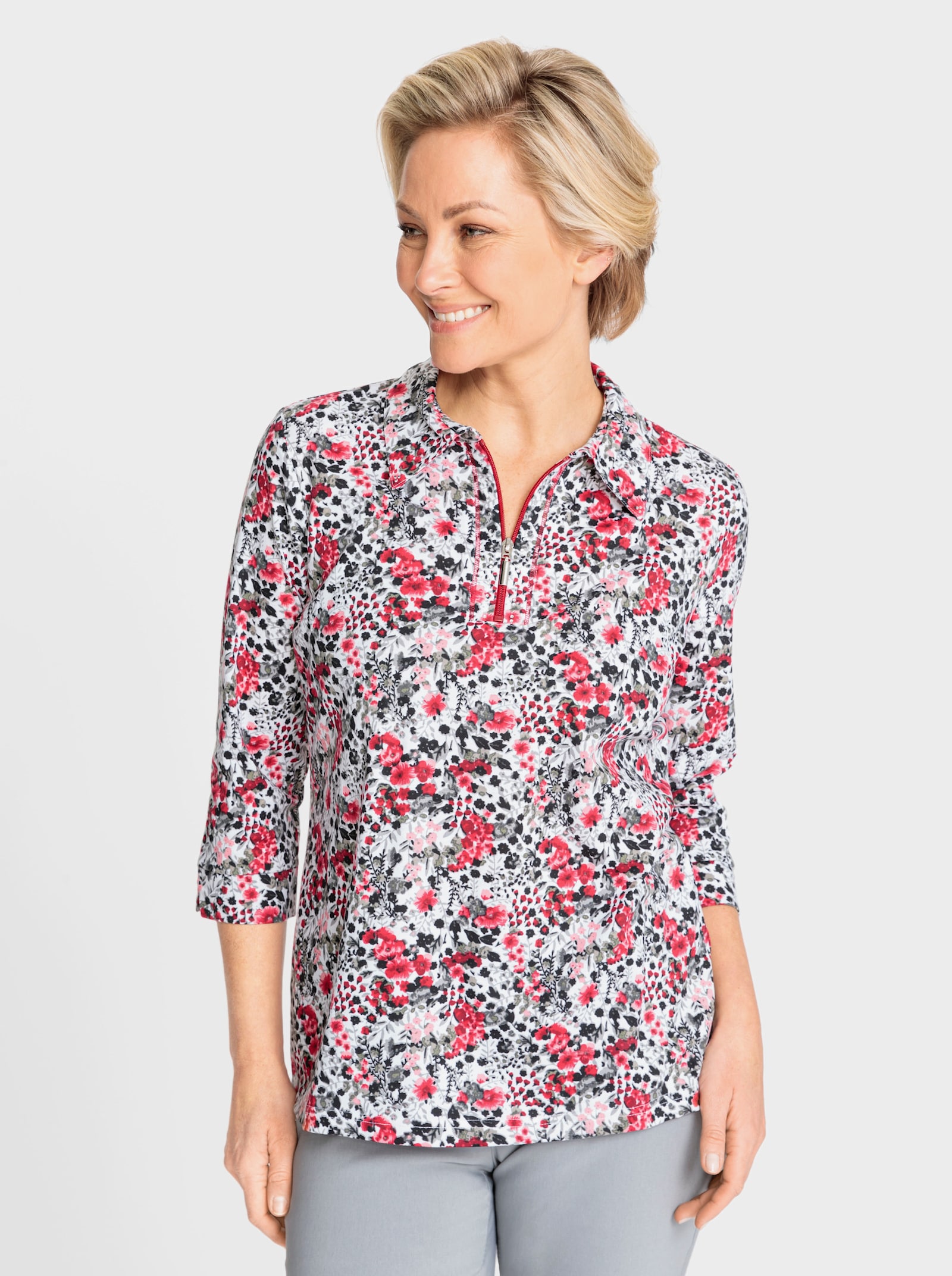 Poloshirt mit Glitzer-Details - rot-ecru-bedruckt