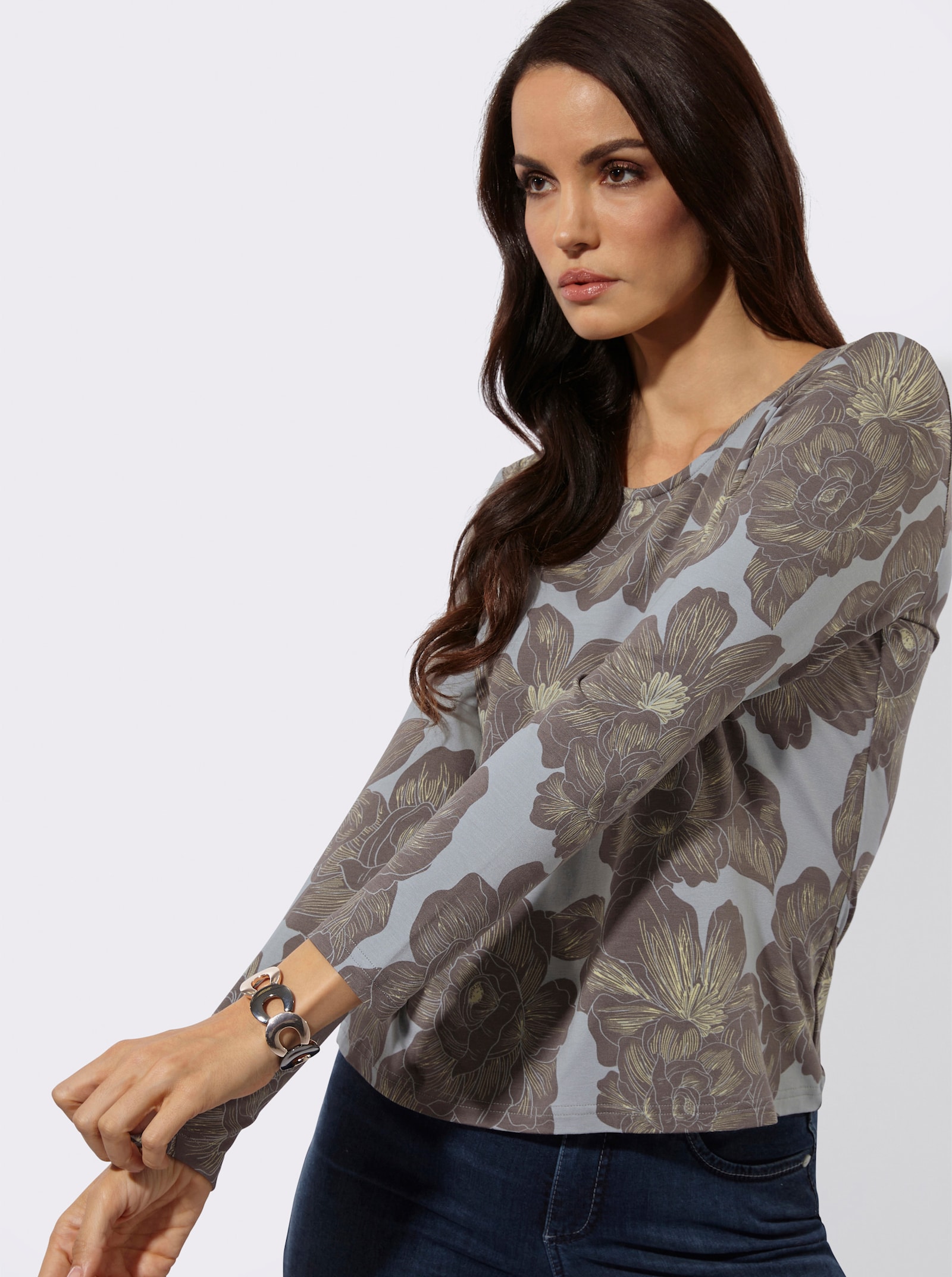 Langarmshirt mit floralem Dessin - hellgrau-dunkeltaupe-bedruckt