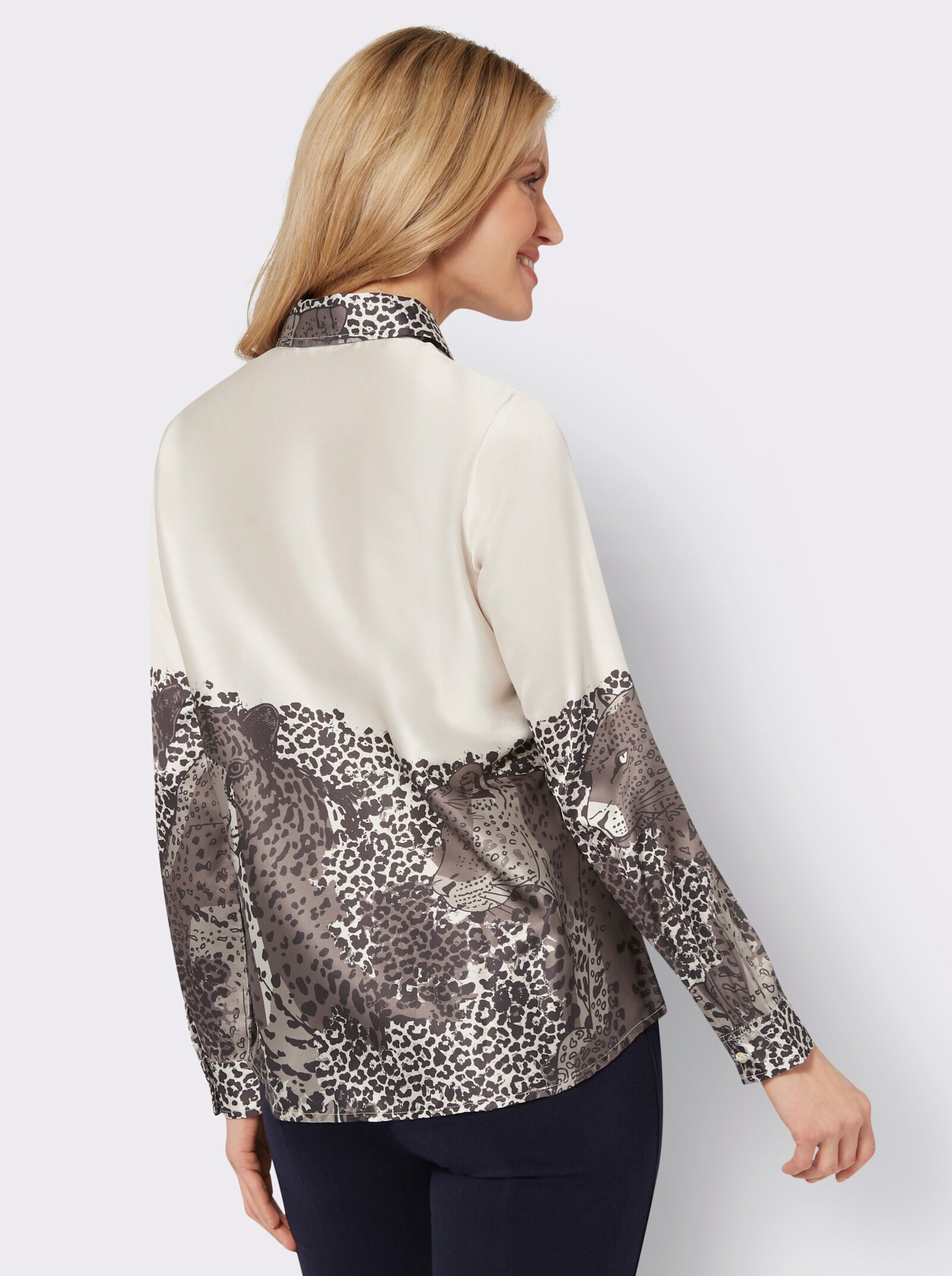 Overhemdblouse van glanzend satijn - ivoor/donkertaupe bedrukt