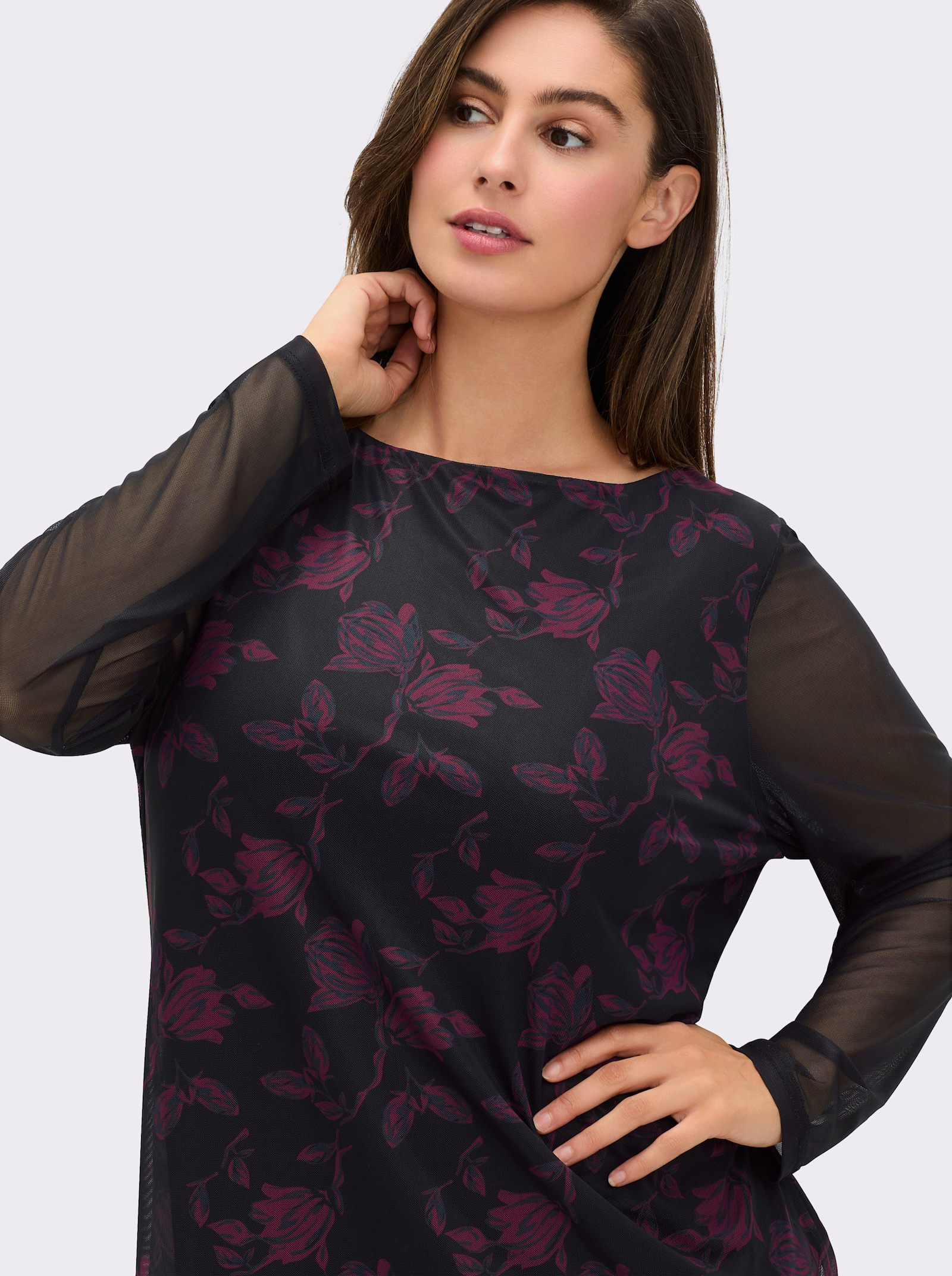 sheego Shirt met lange mouwen, boothals en meshdetails - zwart geprint