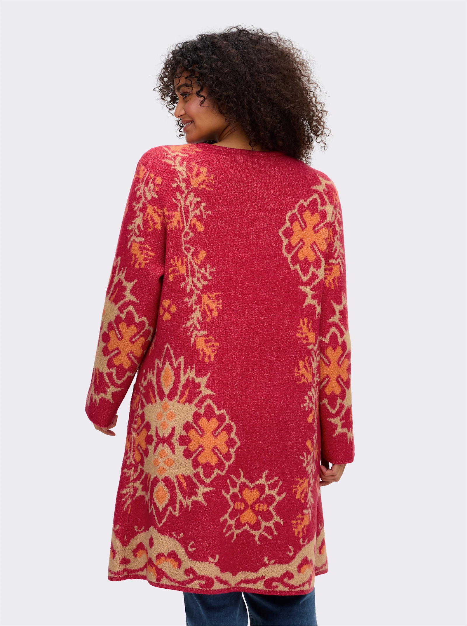 sheego by Joe Browns Strickmantel mit Blüten-Jacquardmuster - erdbeere-camel-gemustert