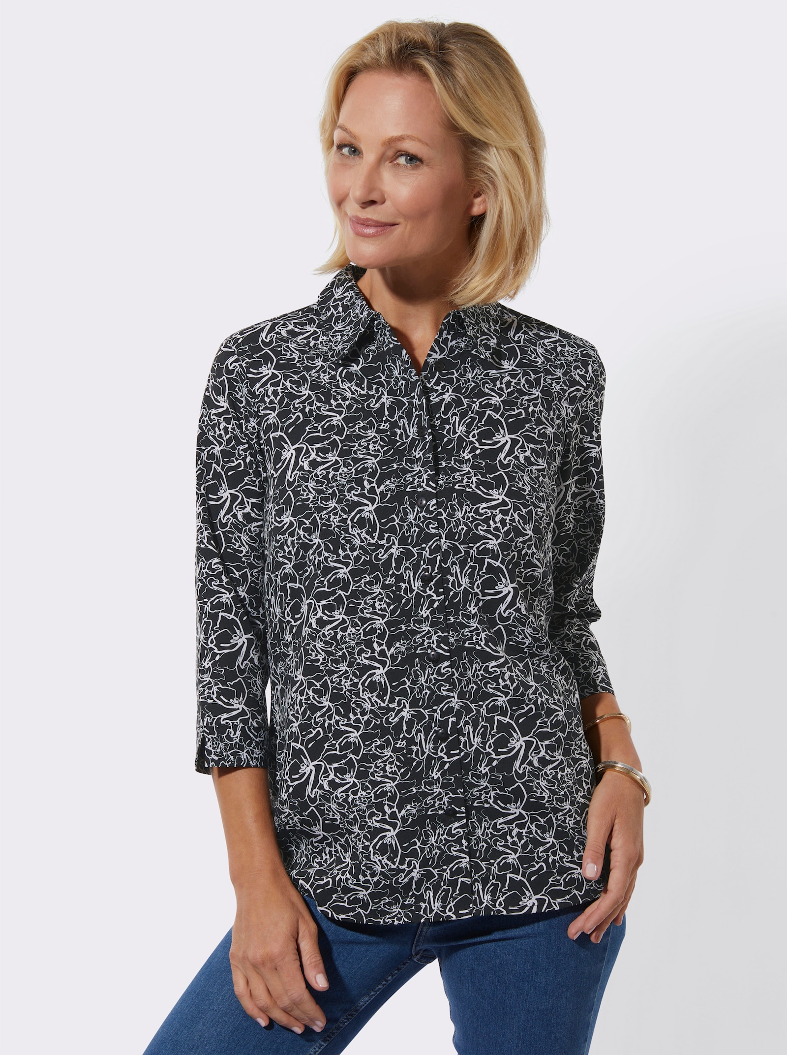 Hemdbluse im Blütendessin - schwarz-weiss-bedruckt