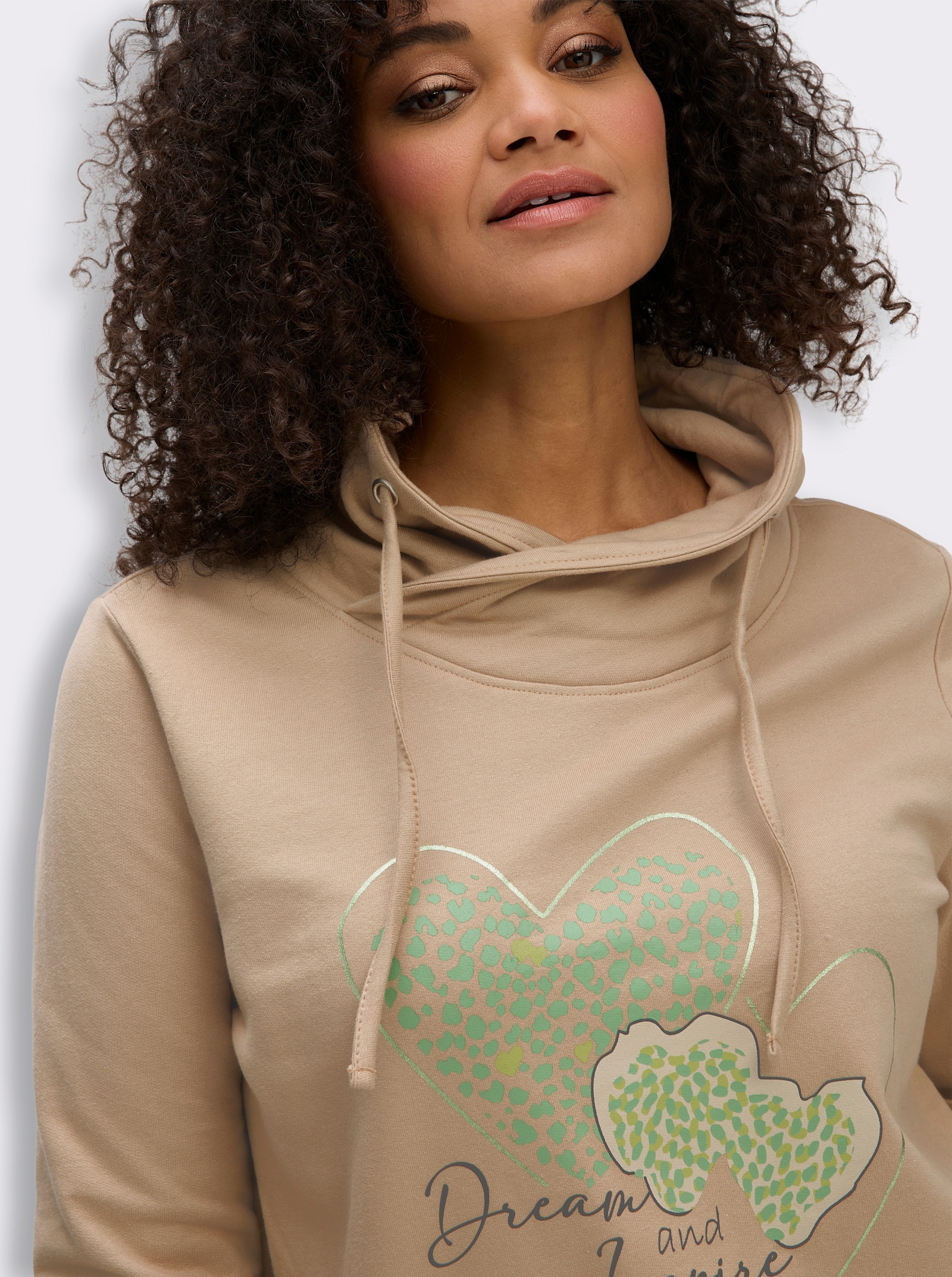 Sweatshirt mit überlappendem Rollkragen - beige-eucalyptus-bedruckt