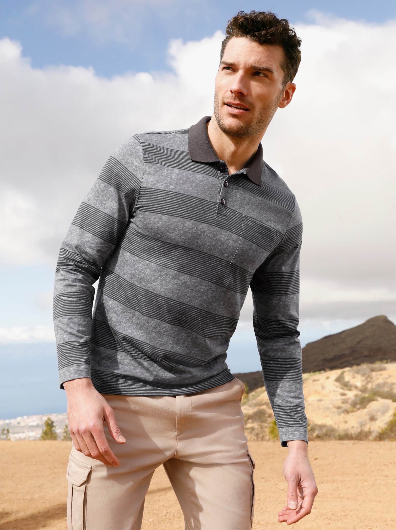 Catamaran Poloshirt met lange mouwen en streeppatroon - grafiet/antraciet