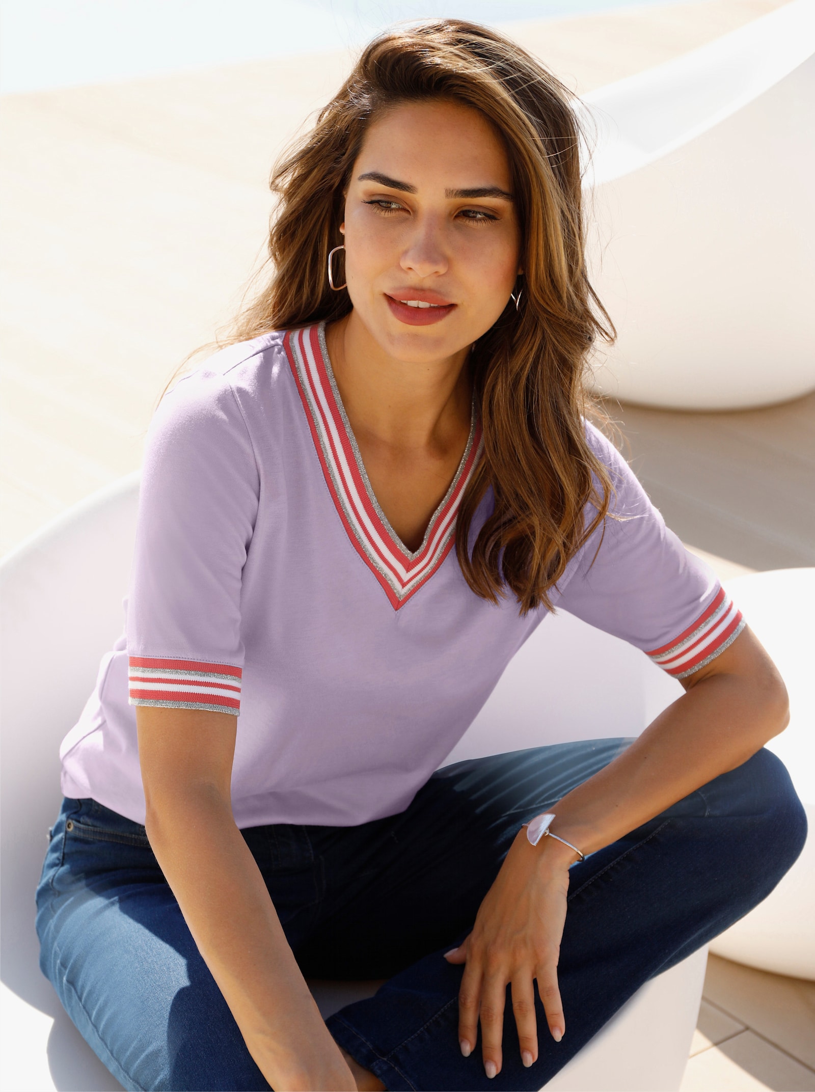 Shirt met korte mouwen en glanzende boorden - lila/grapefruit